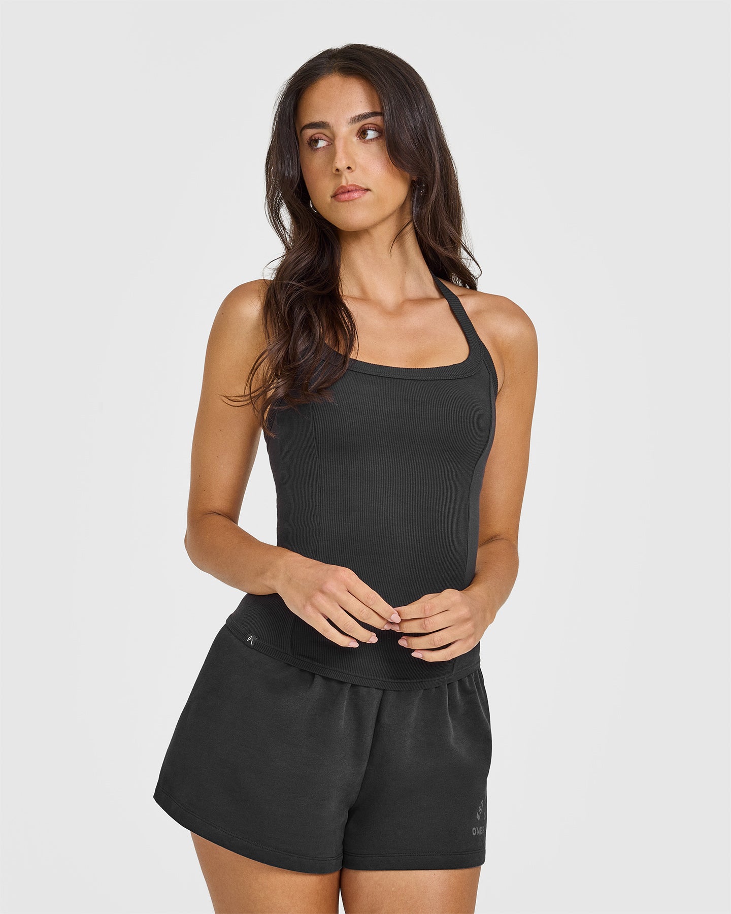 Mellow Rib Halter Neck Vest with Built in Bra Shelf | Soft Black