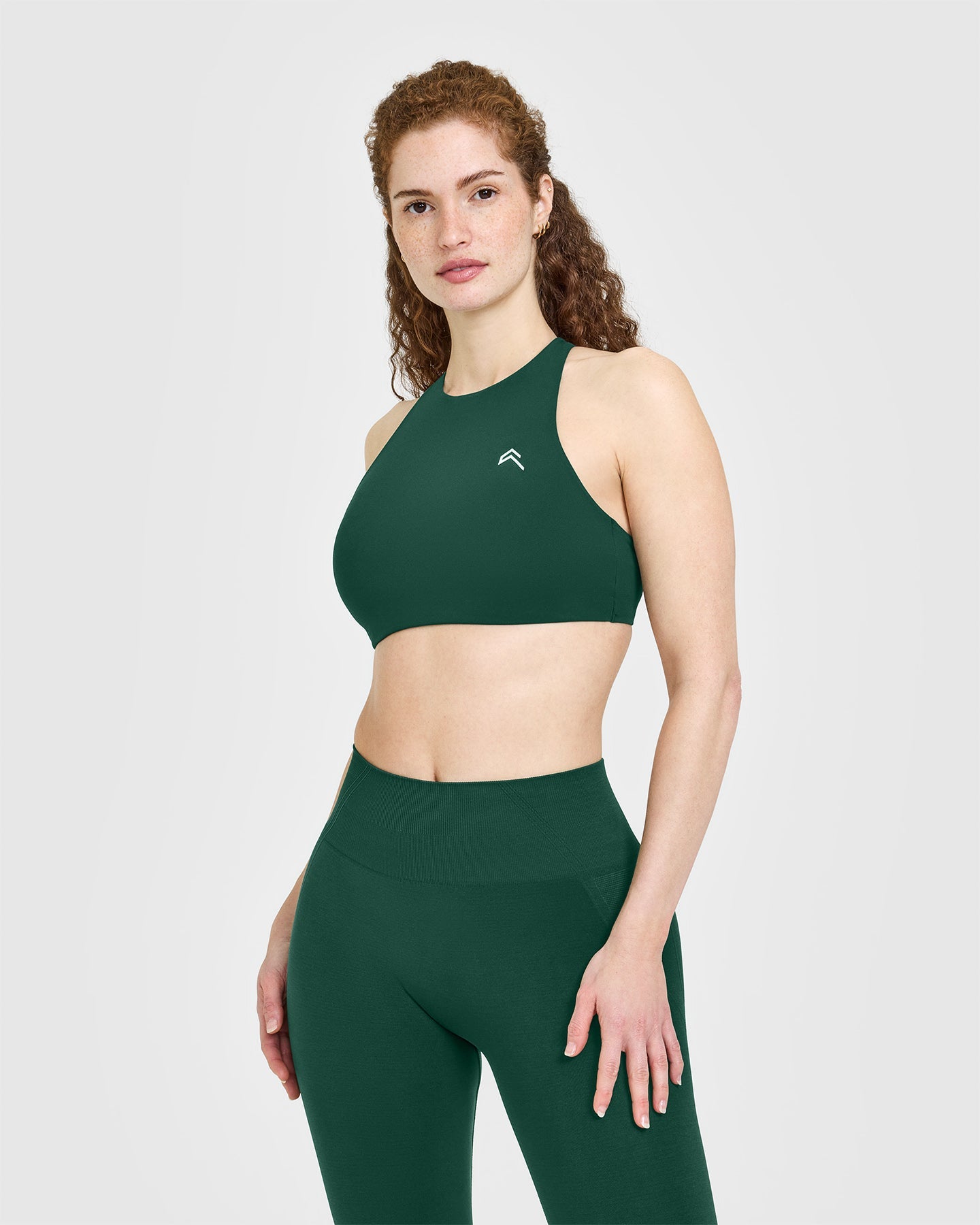 EasyLift High Neck Sports Bra with White Logo | Racing Green