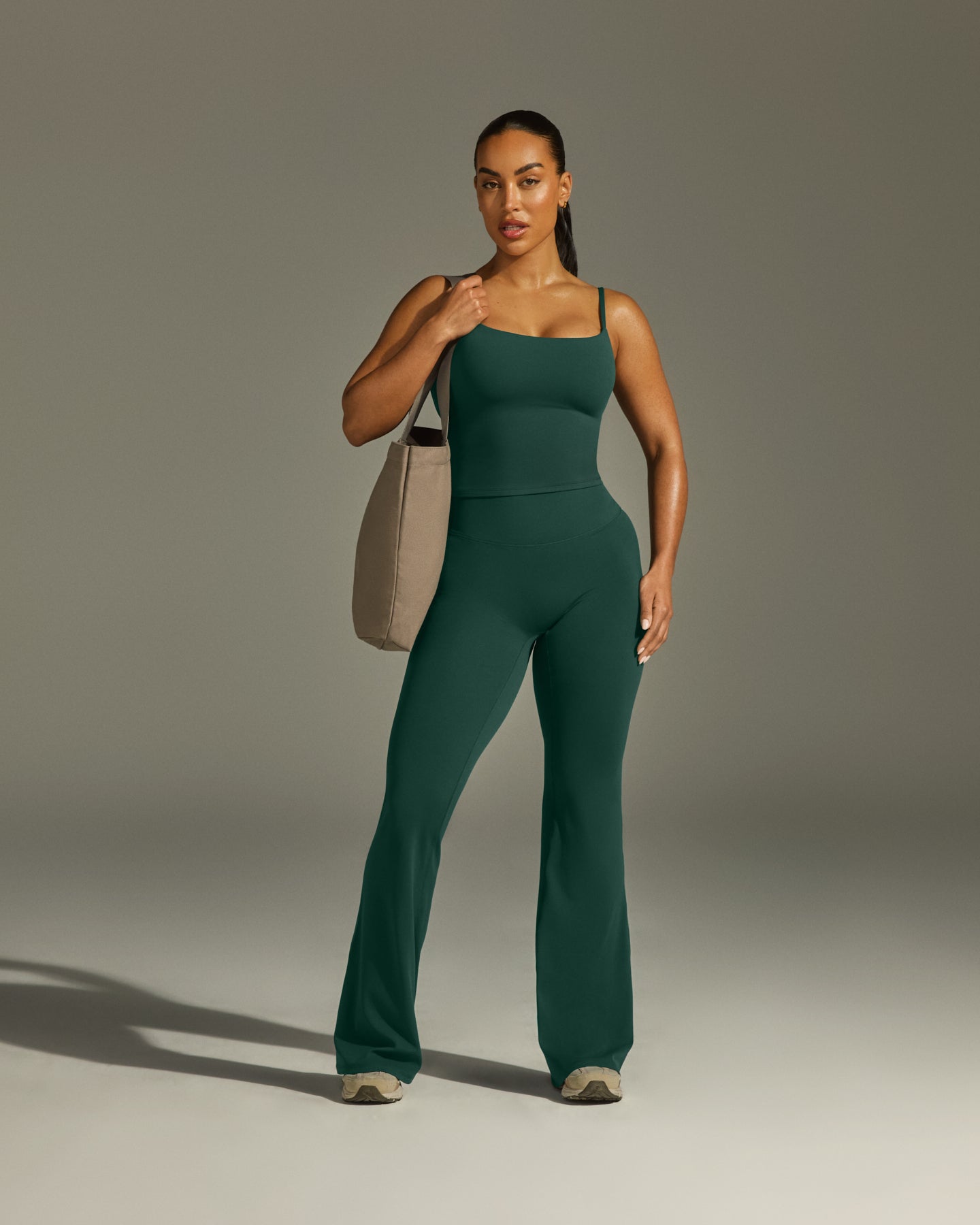 Alternative view of SoftMotion Strappy Mid Vest with Built in Bra Shelf with White Logo | Dark Racing Green