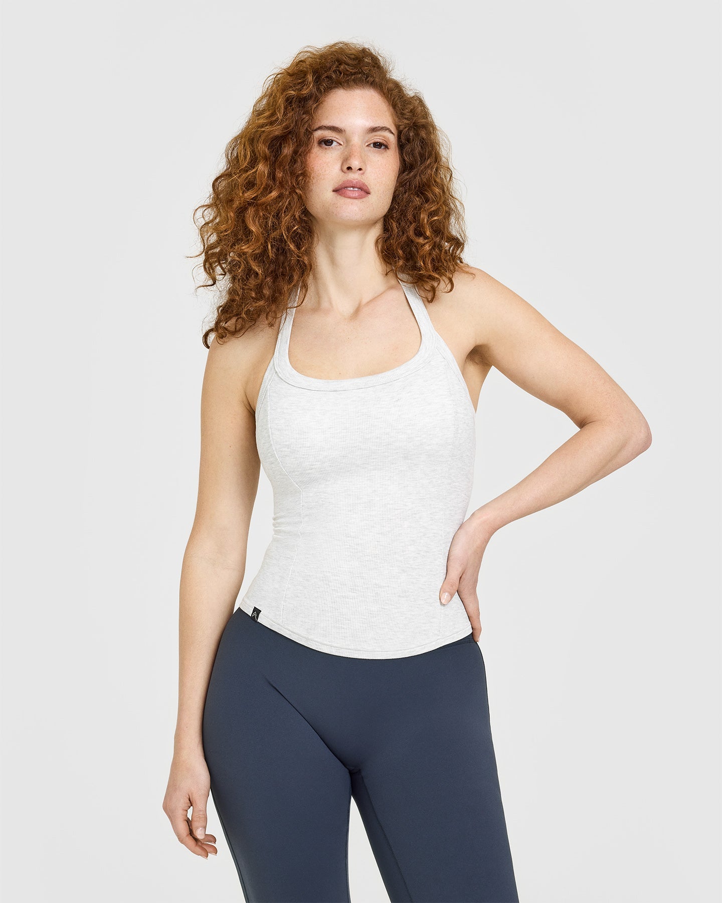 Mellow Rib Halter Neck Vest with Built in Bra Shelf | Light Grey Marl