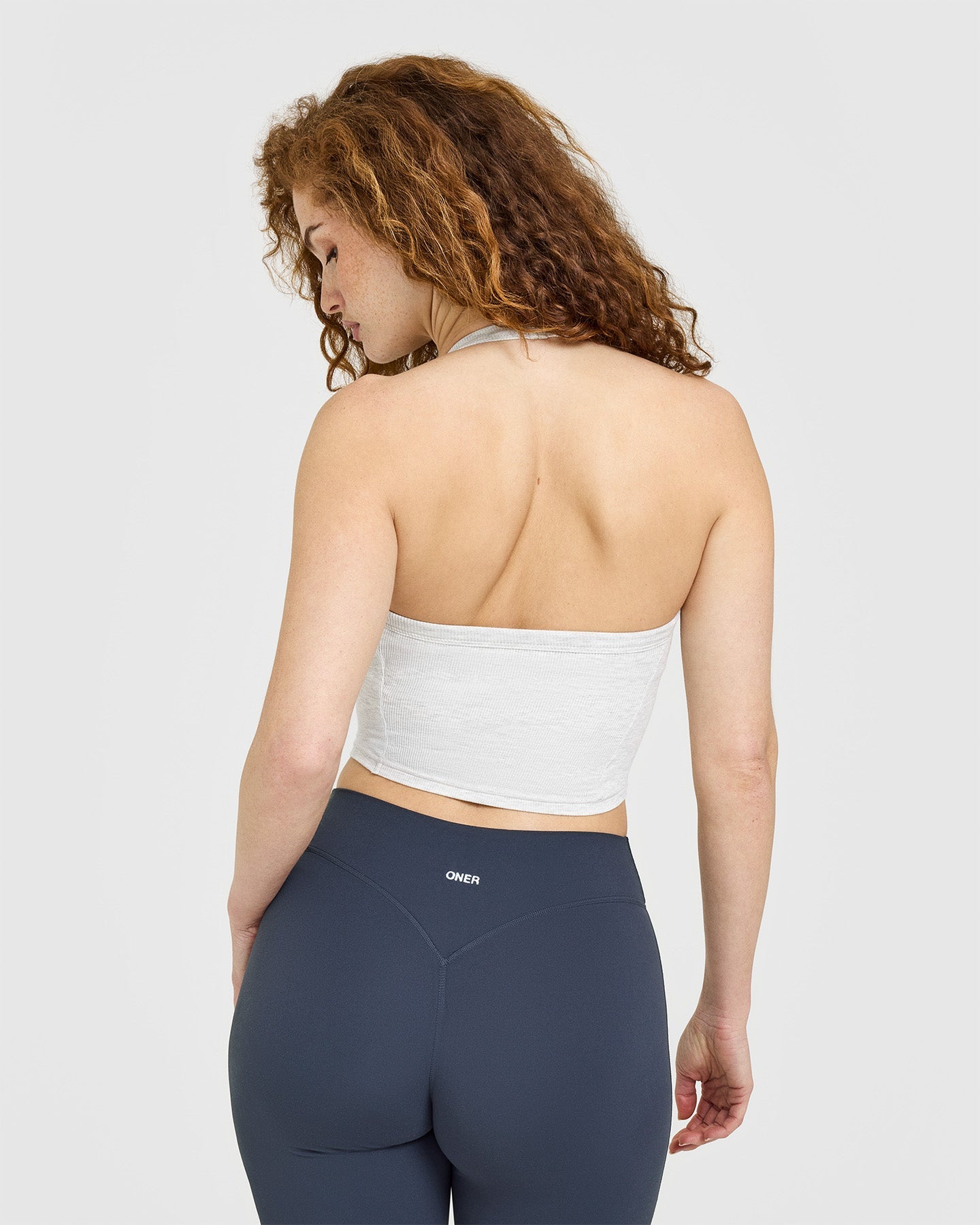 Alternative view of Mellow Rib Halter Neck Mid Vest with Built in Bra Shelf | Light Grey Marl