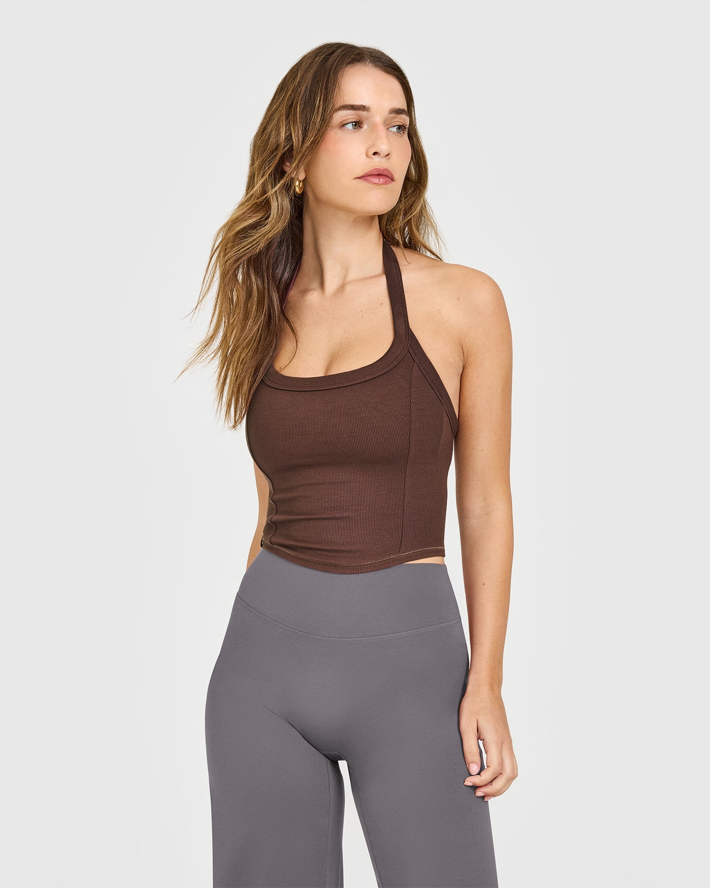 Mellow Rib Halter Neck Mid Vest with Built in Bra Shelf | Copper Brown