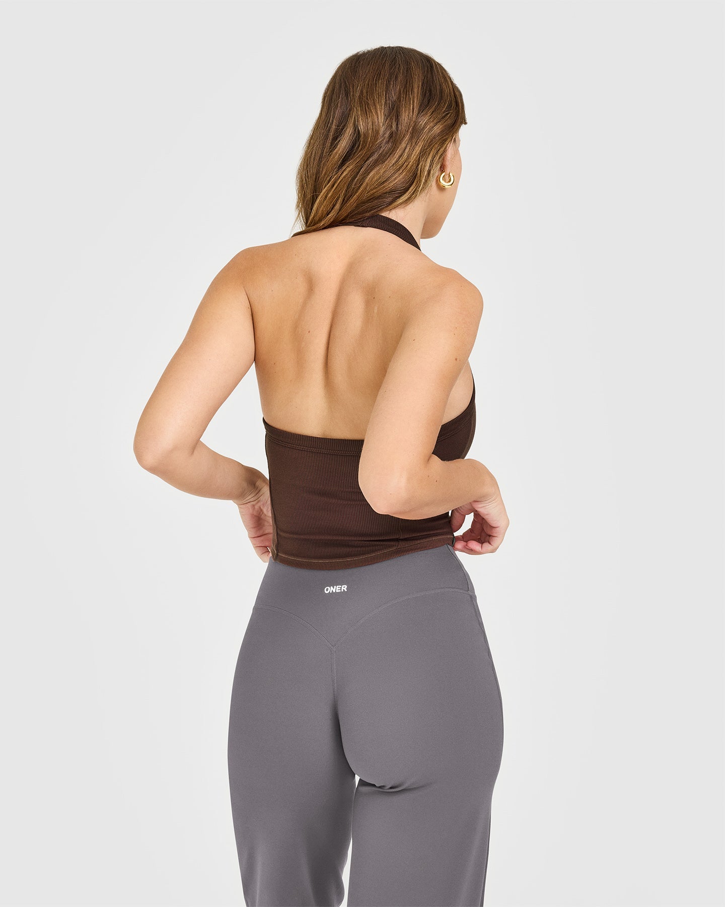 Alternative view of Mellow Rib Halter Neck Mid Vest with Built in Bra Shelf | Copper Brown