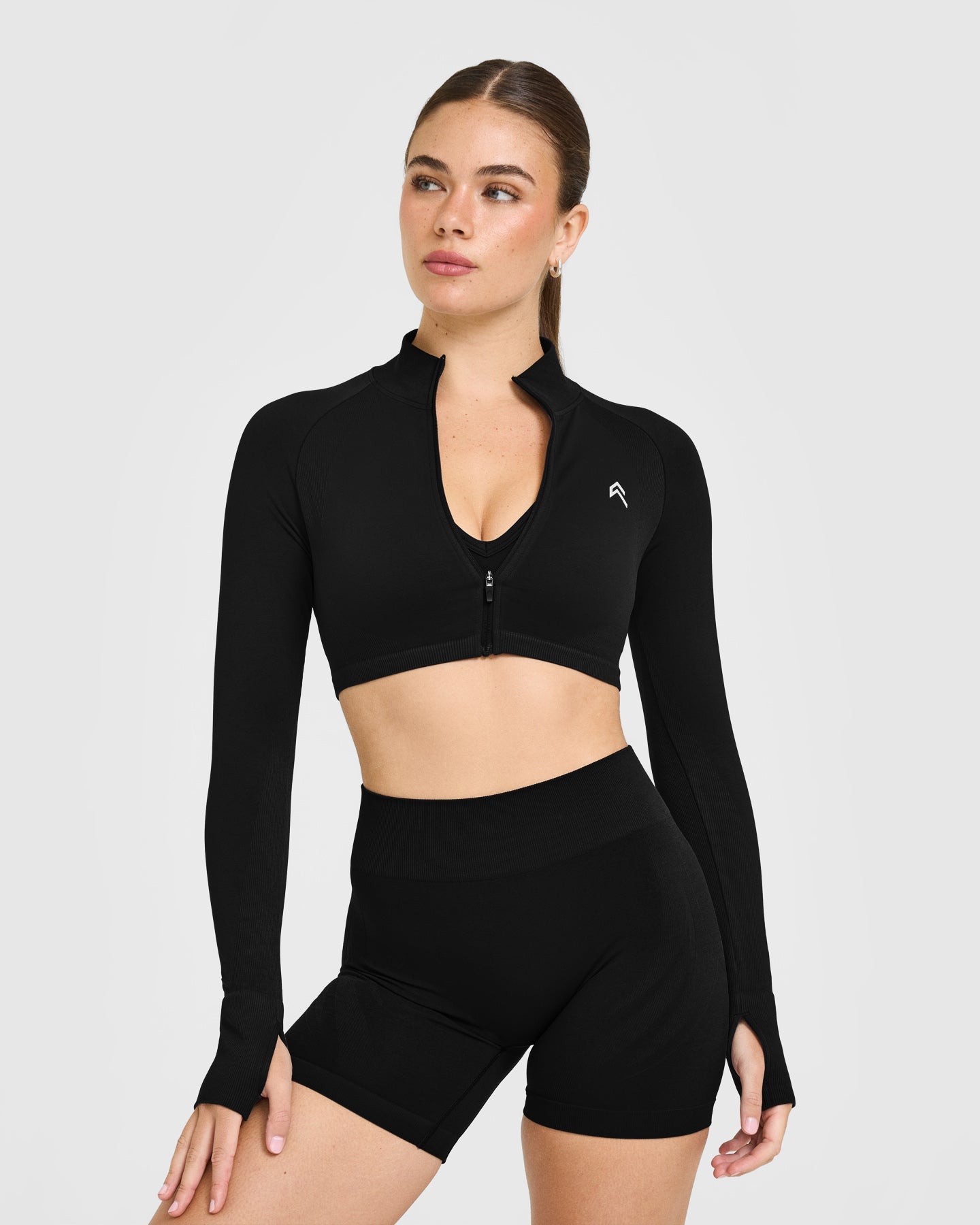EnhanceLift Seamless Crop Jacket with White Logo | Black