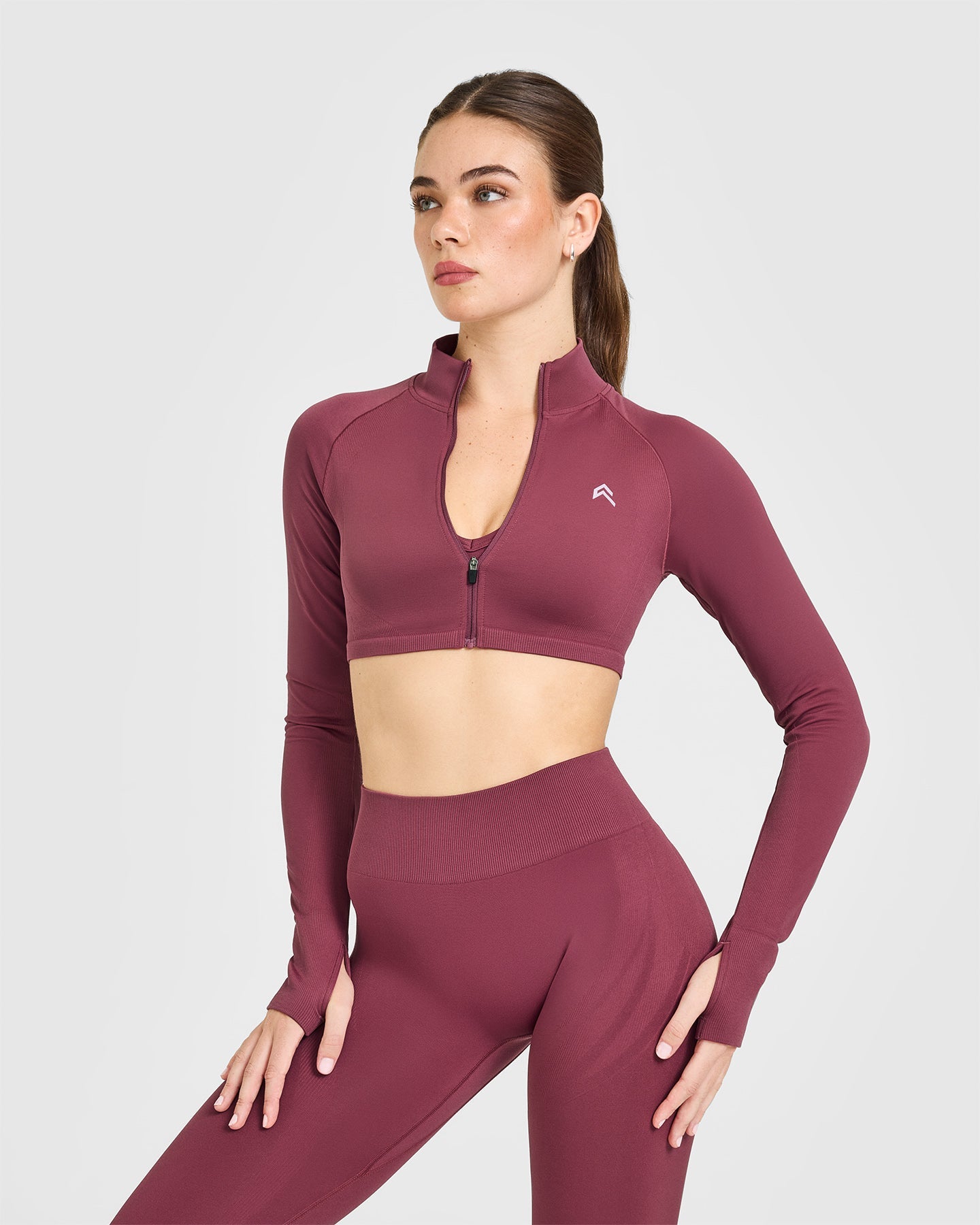 EnhanceLift Seamless Crop Jacket with White Logo | Burnt Maroon