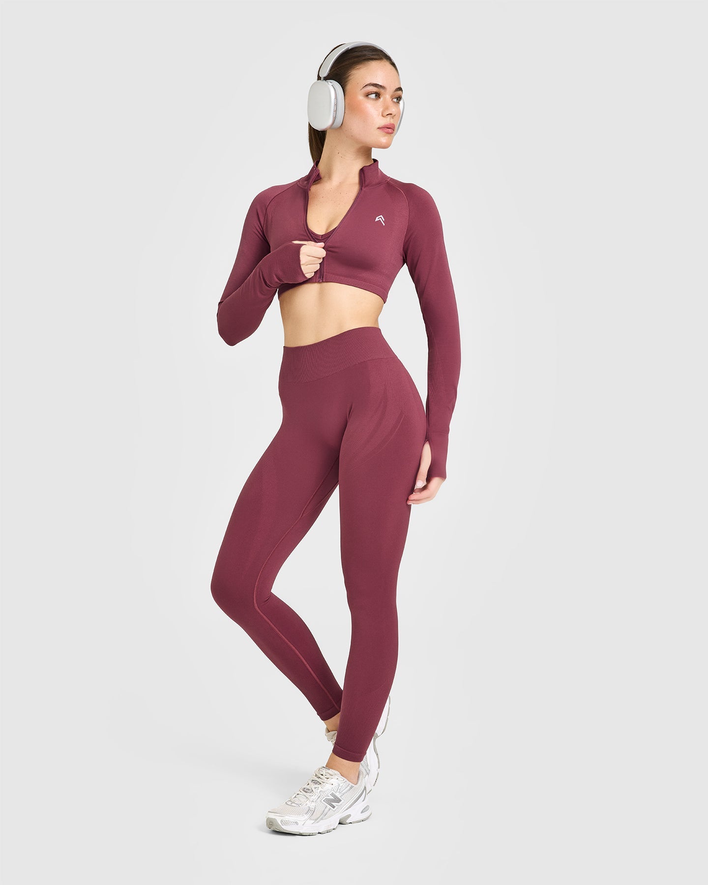 EnhanceLift Seamless Crop Jacket with White Logo | Burnt Maroon - Image 3