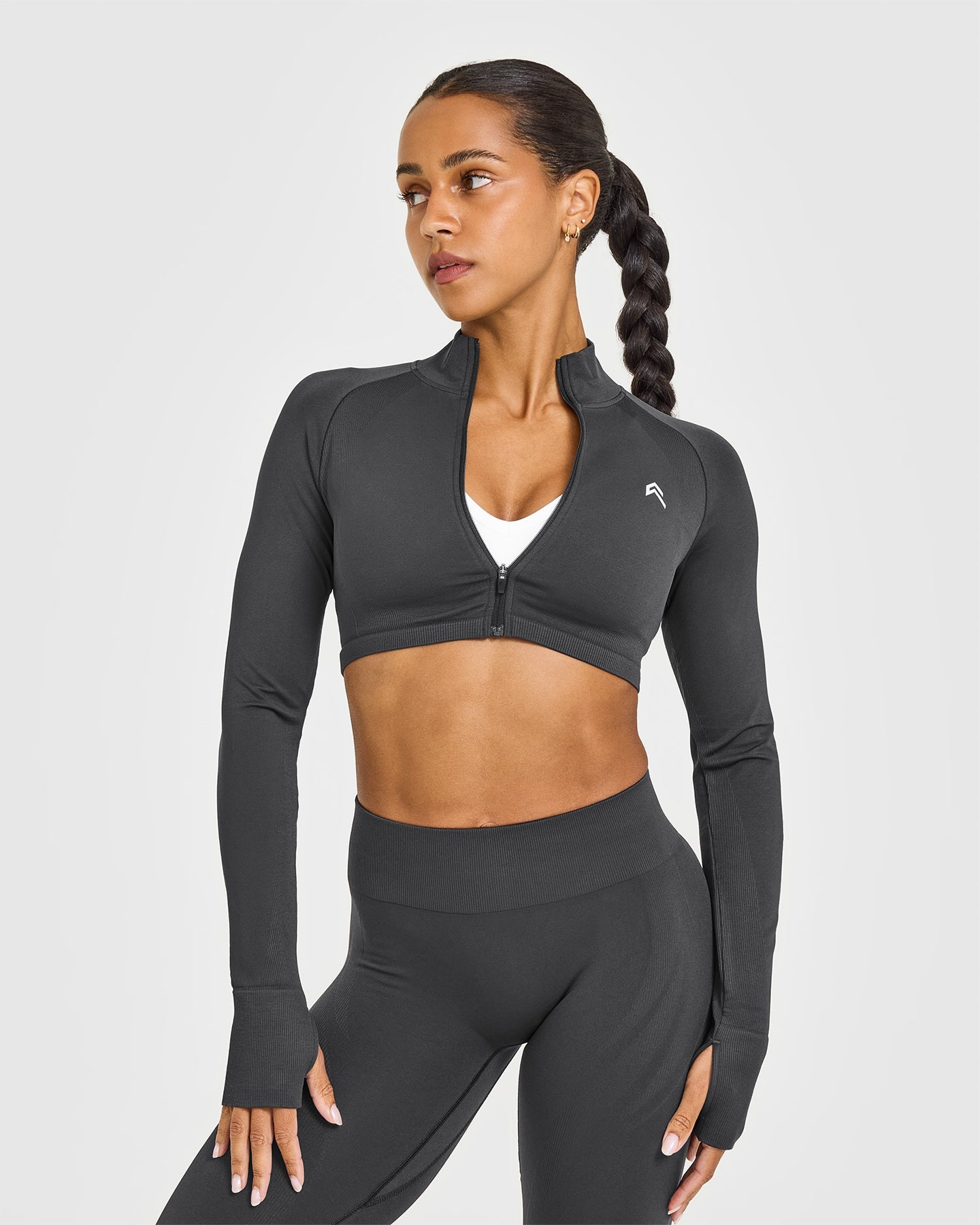 EnhanceLift Seamless Crop Jacket with White Logo | Coal