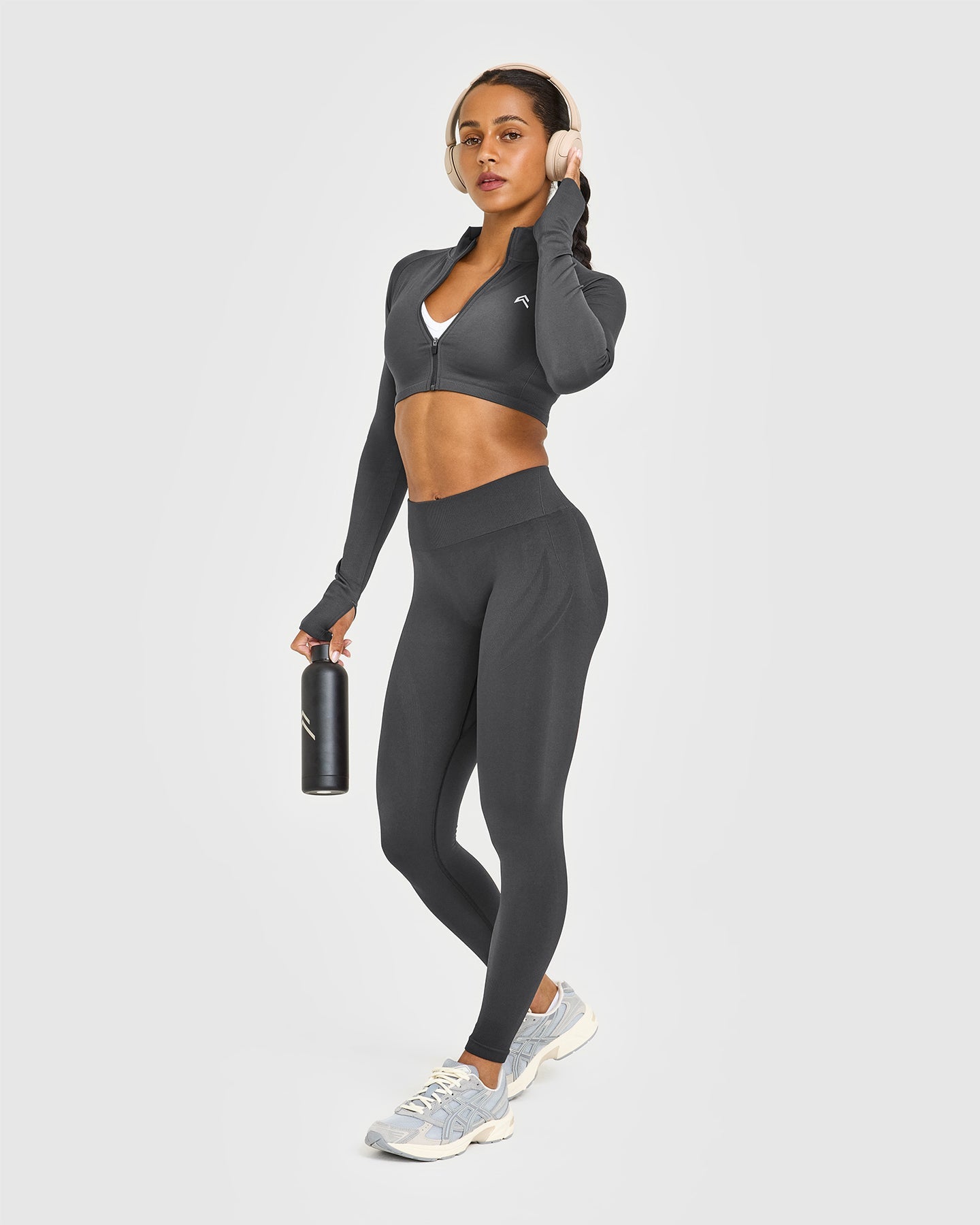 EnhanceLift Seamless Crop Jacket with White Logo | Coal - Image 3