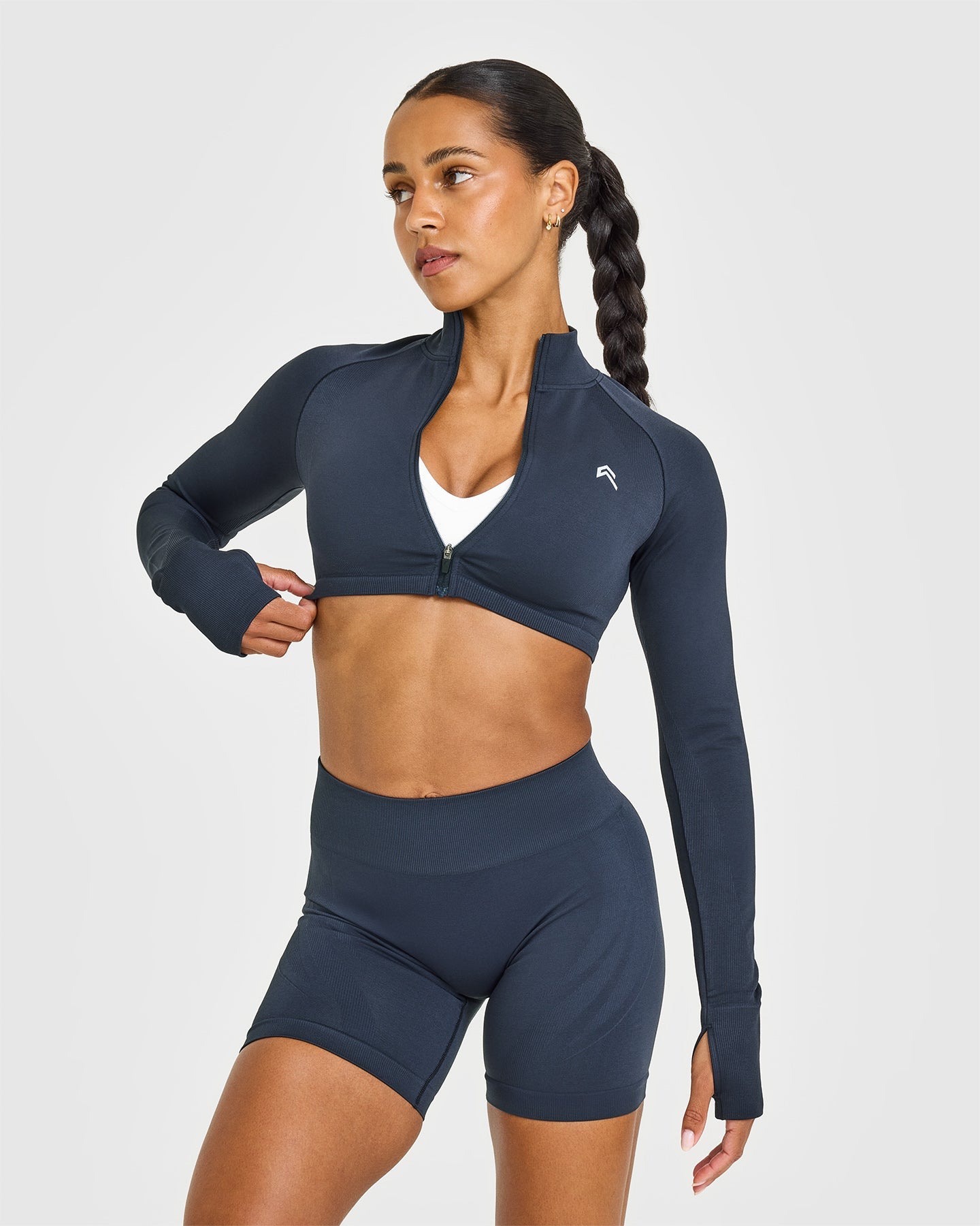 EnhanceLift Seamless Crop Jacket with White Logo | True Blue