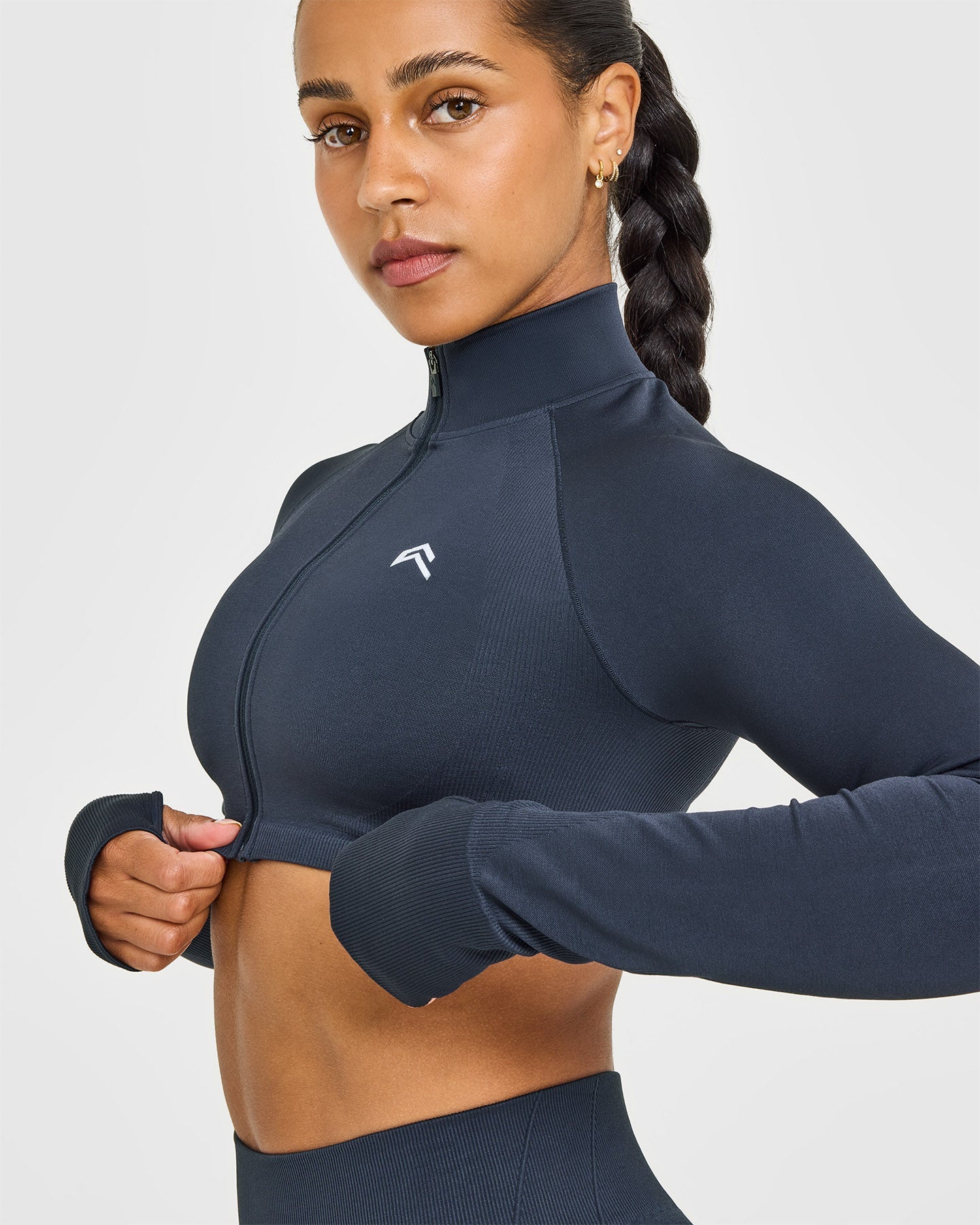 EnhanceLift Seamless Crop Jacket with White Logo | True Blue - Image 5