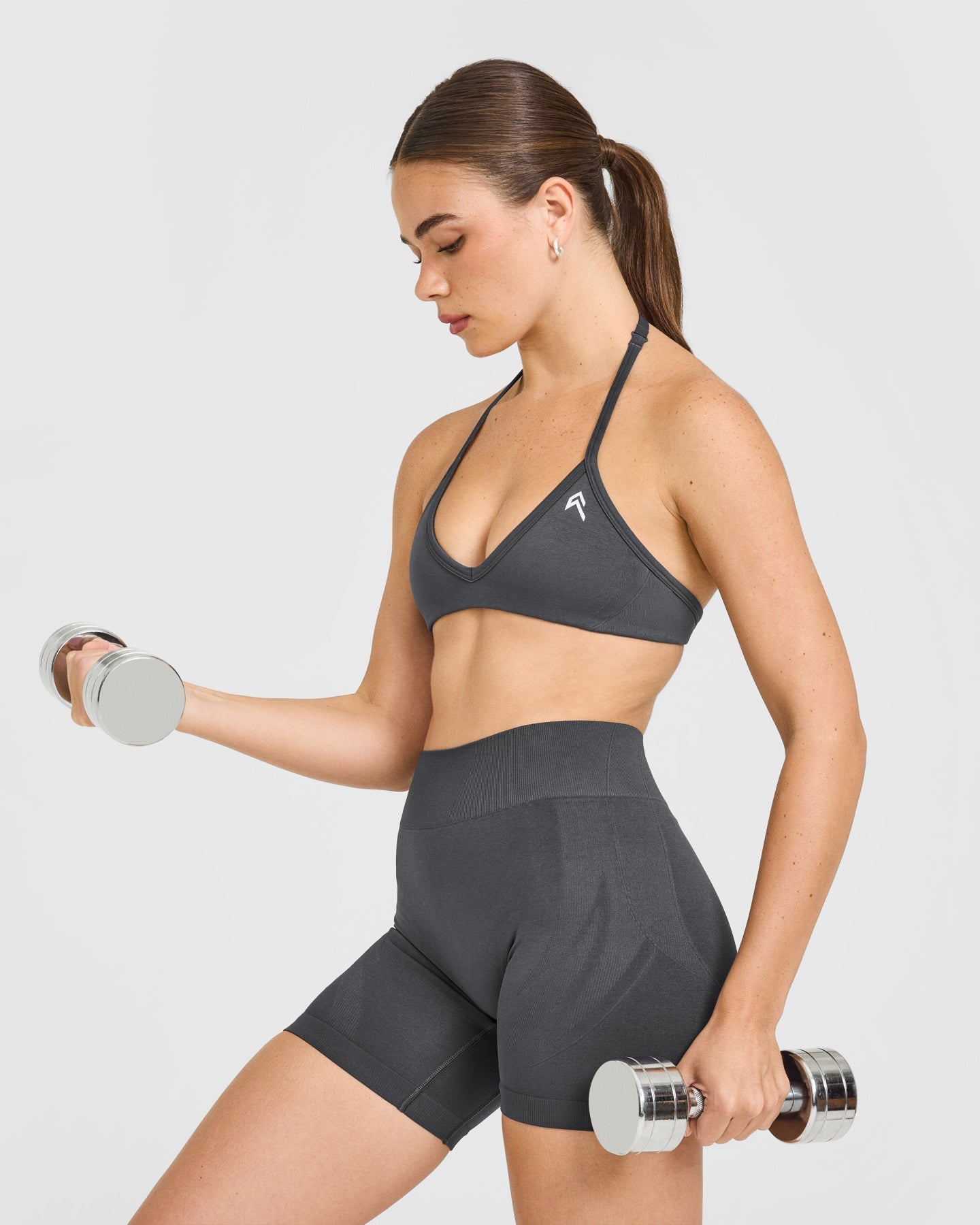 EnhanceLift Seamless Minimal Halter Neck Bralette with White Logo | Coal - Image 6