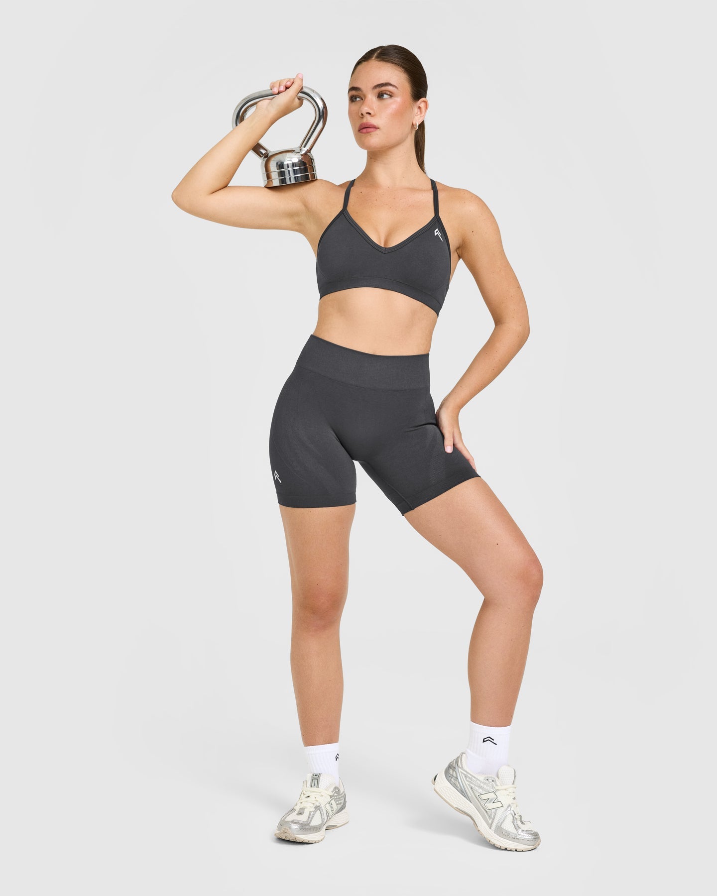 EnhanceLift Seamless Strappy Sports Bra with White Logo | Coal - Image 3