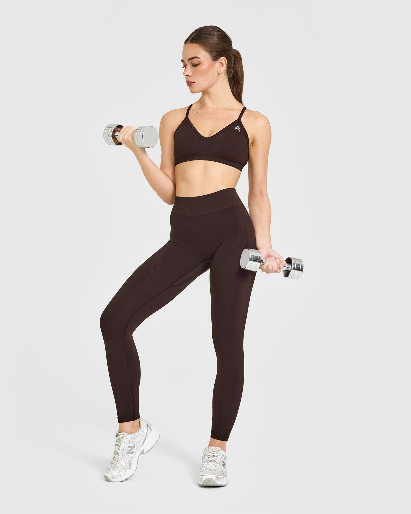 EnhanceLift Seamless Strappy Sports Bra with White Logo | Plum Brown - Image 3