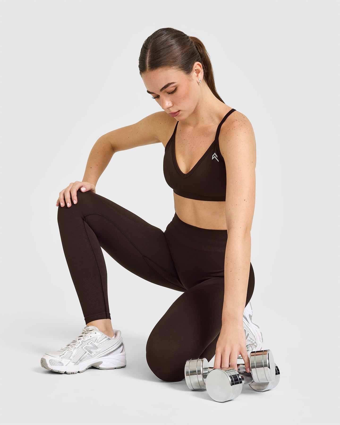 EnhanceLift Seamless Strappy Sports Bra with White Logo | Plum Brown - Image 6