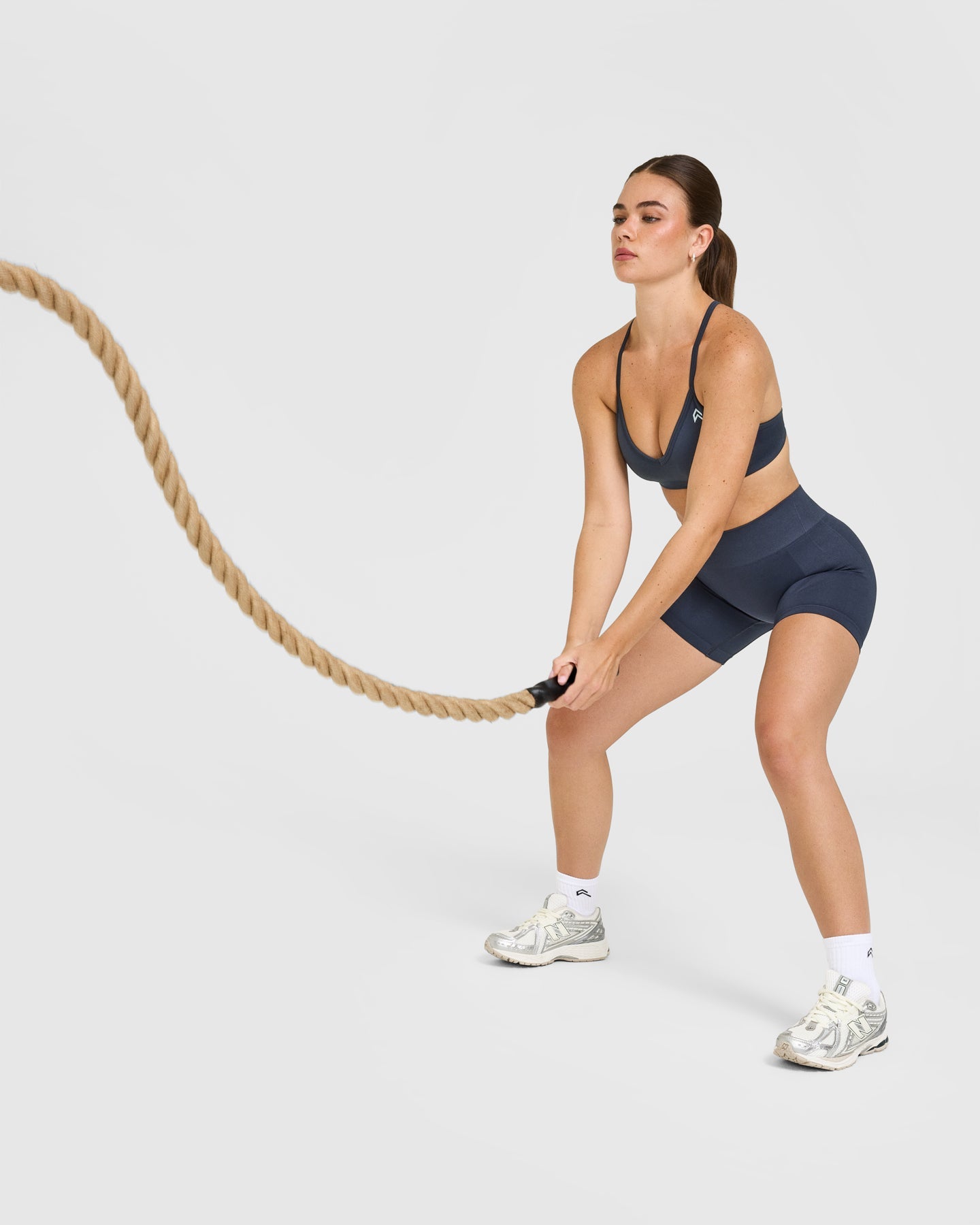EnhanceLift Seamless Strappy Sports Bra with White Logo | True Blue - Image 3