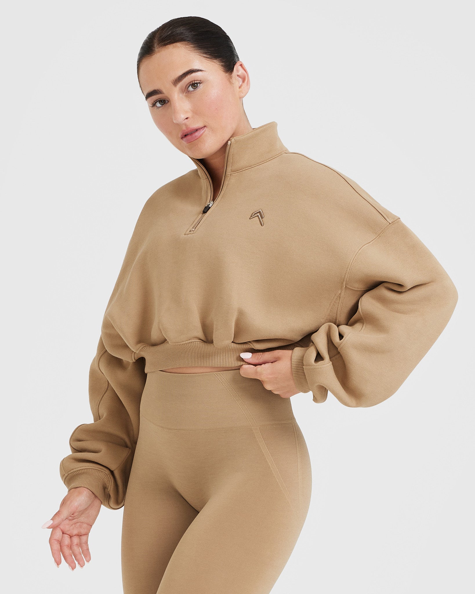 All Day Cosy Crop 1/4 Zip Sweatshirt | Dune Brown - Image 3