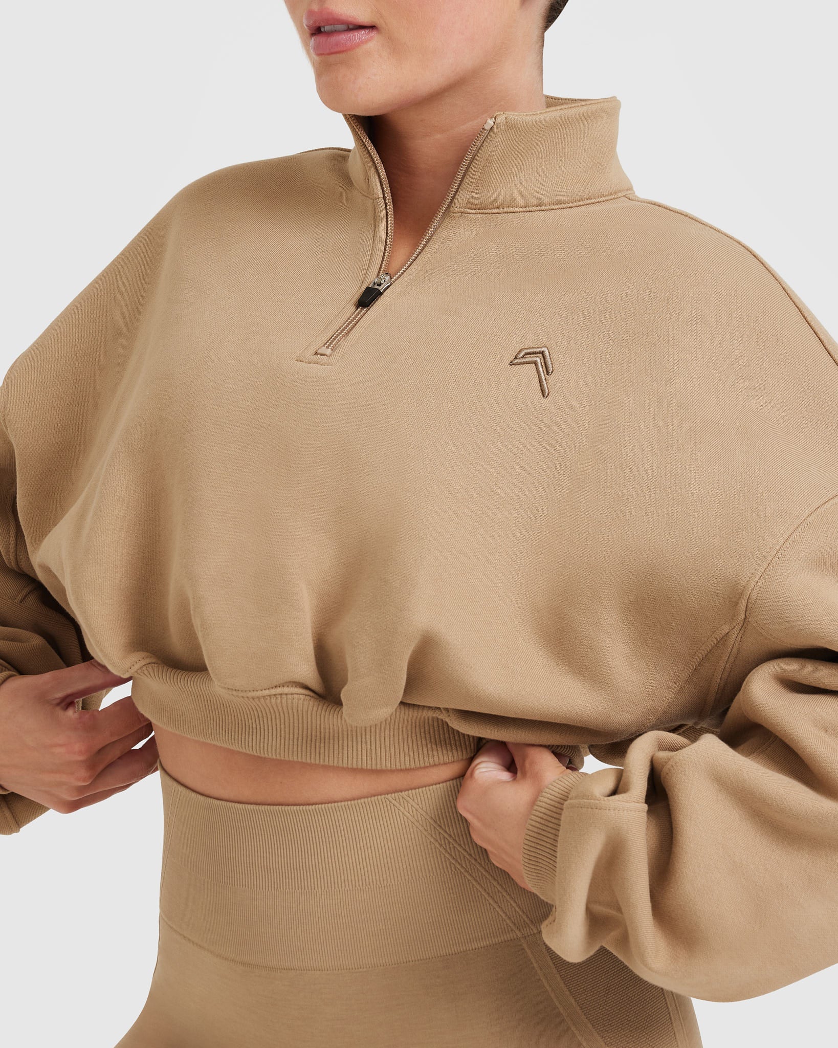 All Day Cosy Crop 1/4 Zip Sweatshirt | Dune Brown - Image 4