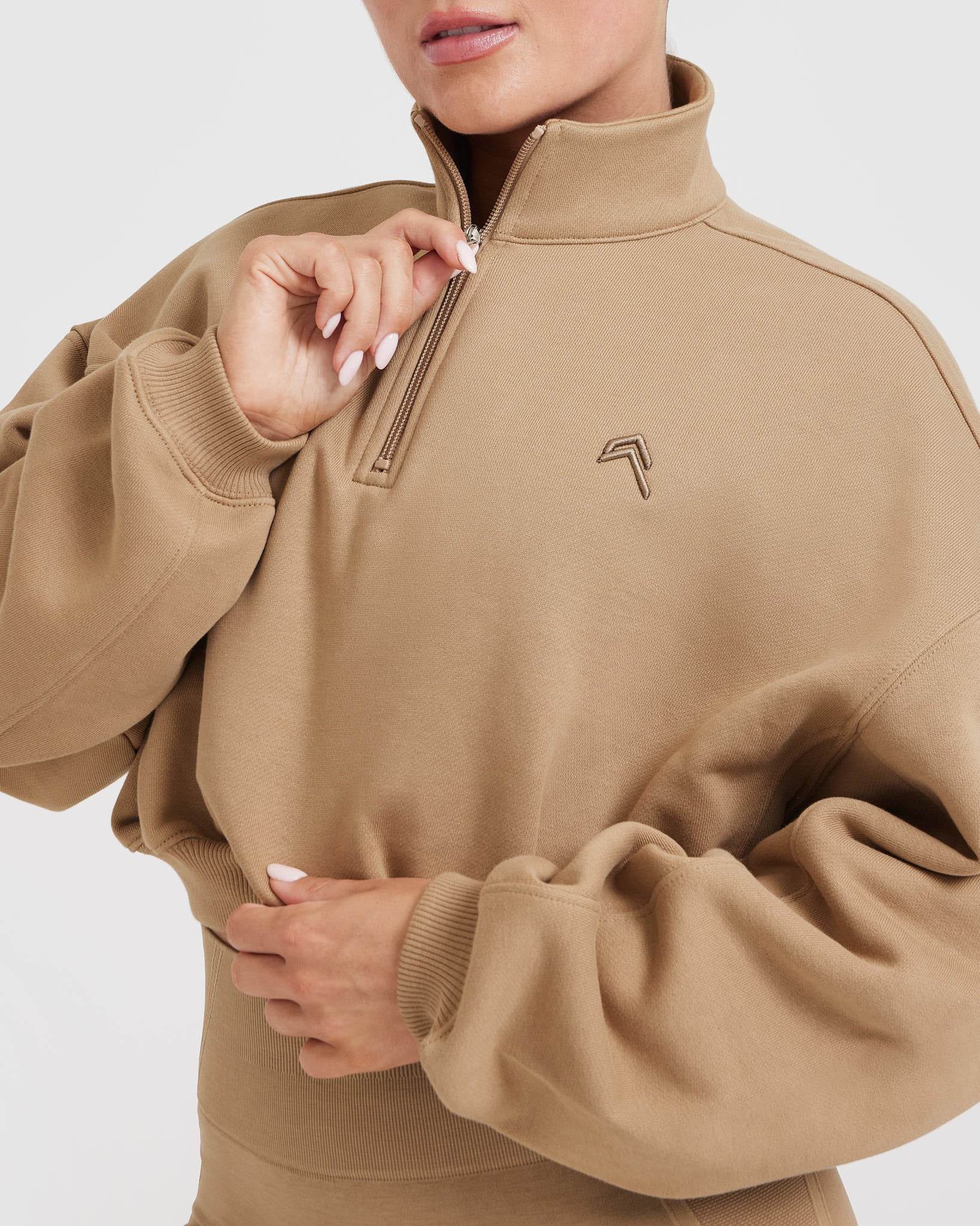 All Day Cosy Crop 1/4 Zip Sweatshirt | Dune Brown - Image 5