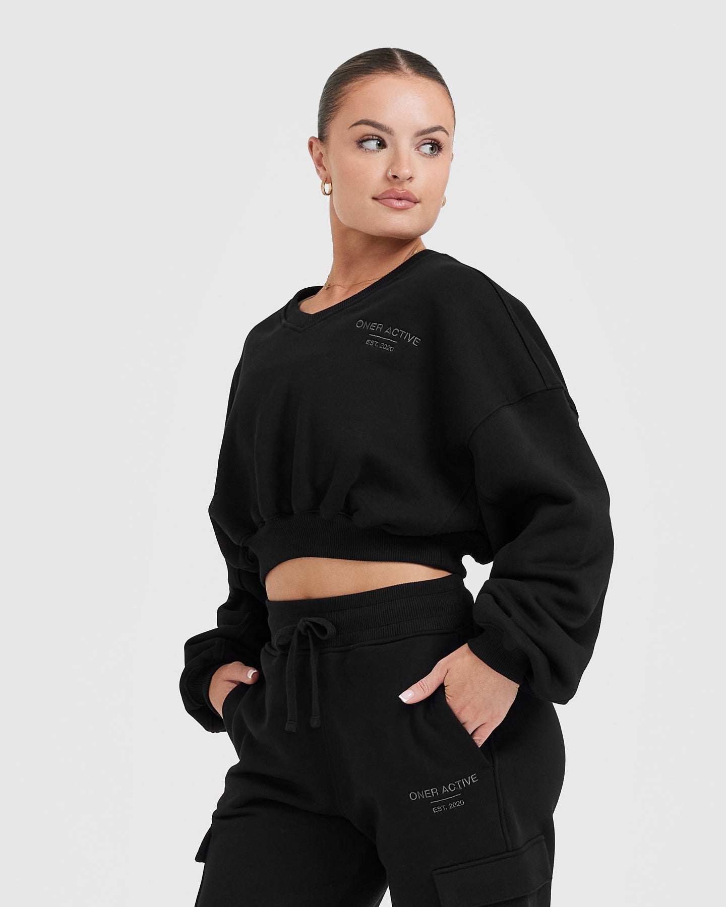 All Day Est 2020 Crop V Neck Sweatshirt | Black - Image 3