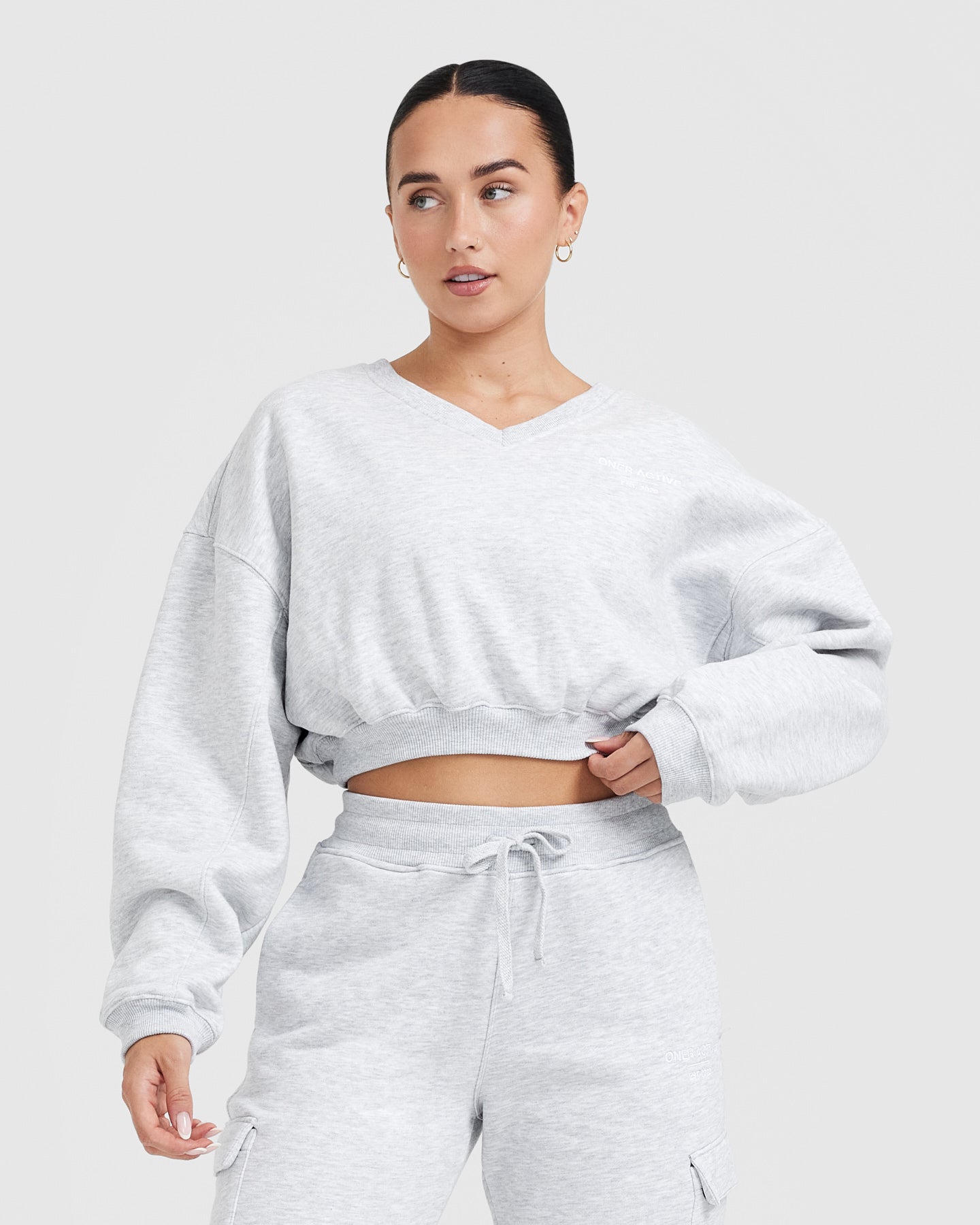 All Day Est 2020 Crop V Neck Sweatshirt | Light Grey Marl