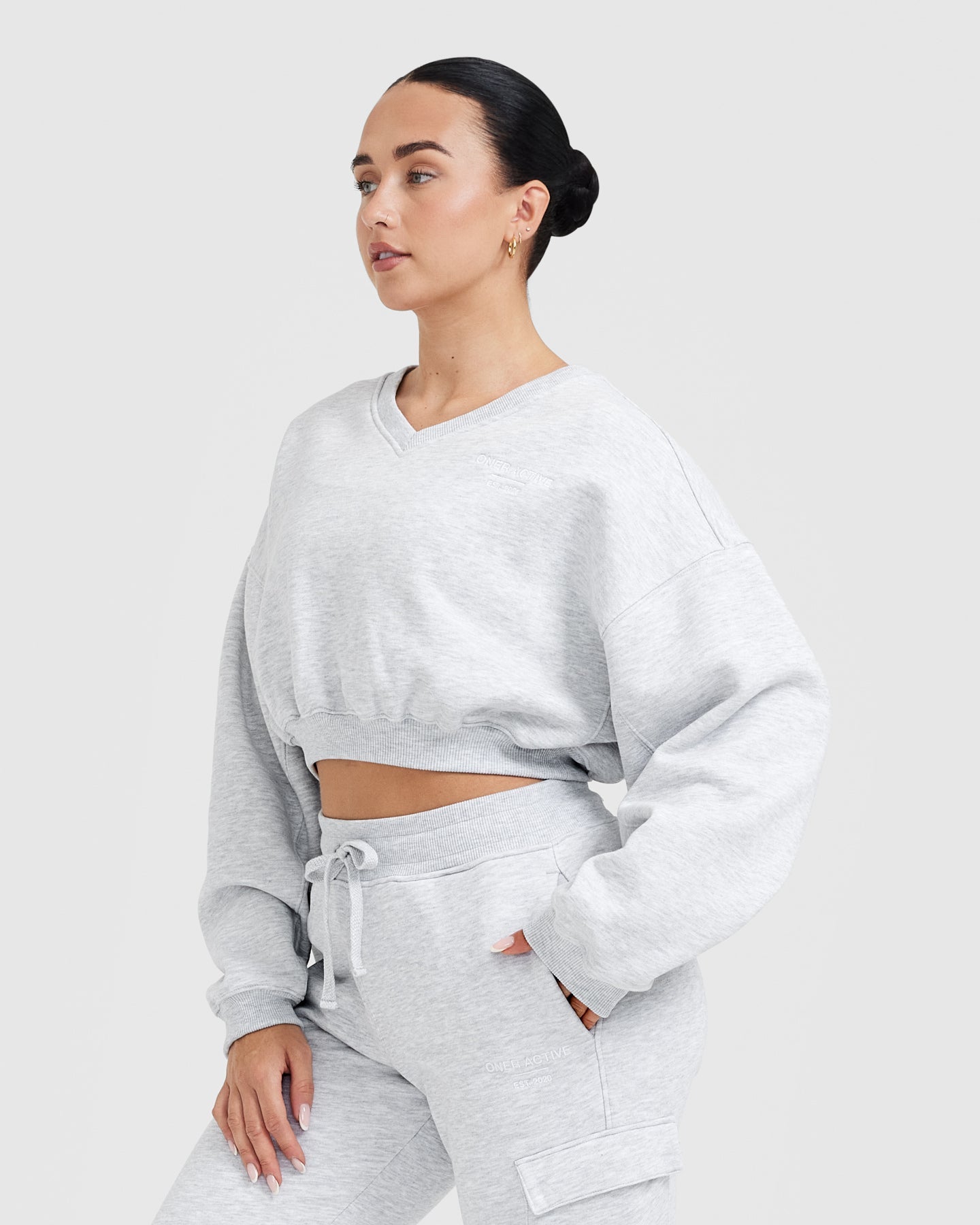 All Day Est 2020 Crop V Neck Sweatshirt | Light Grey Marl - Image 3