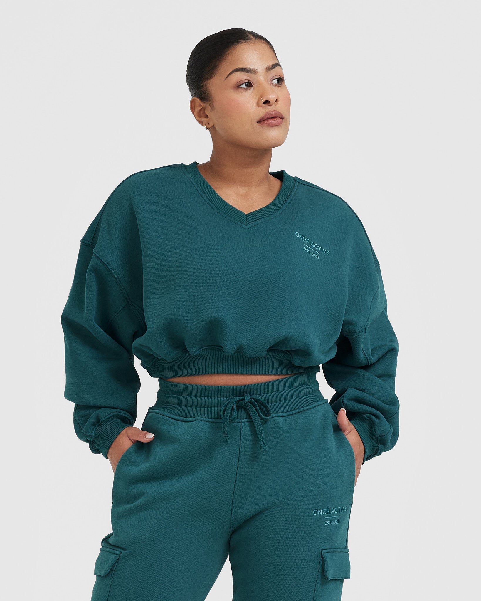 All Day Est 2020 Crop V Neck Sweatshirt | Marine Teal