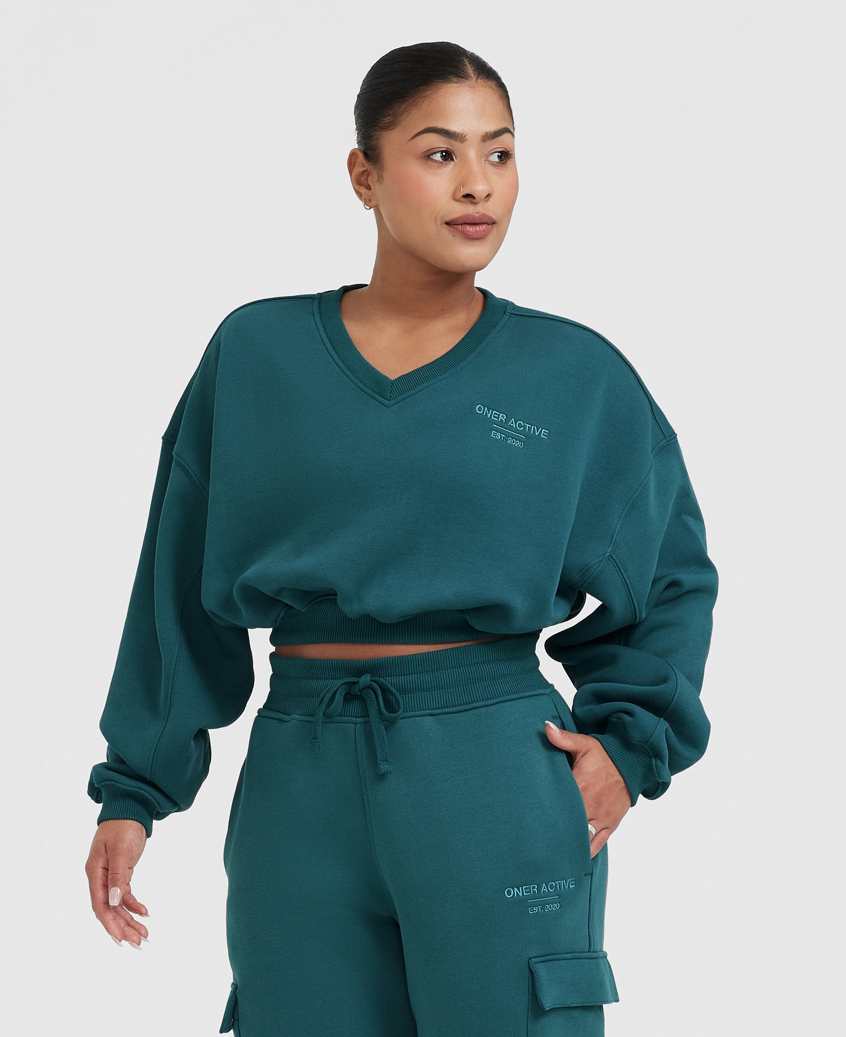 All Day Est 2020 Crop V Neck Sweatshirt | Marine Teal - Image 3