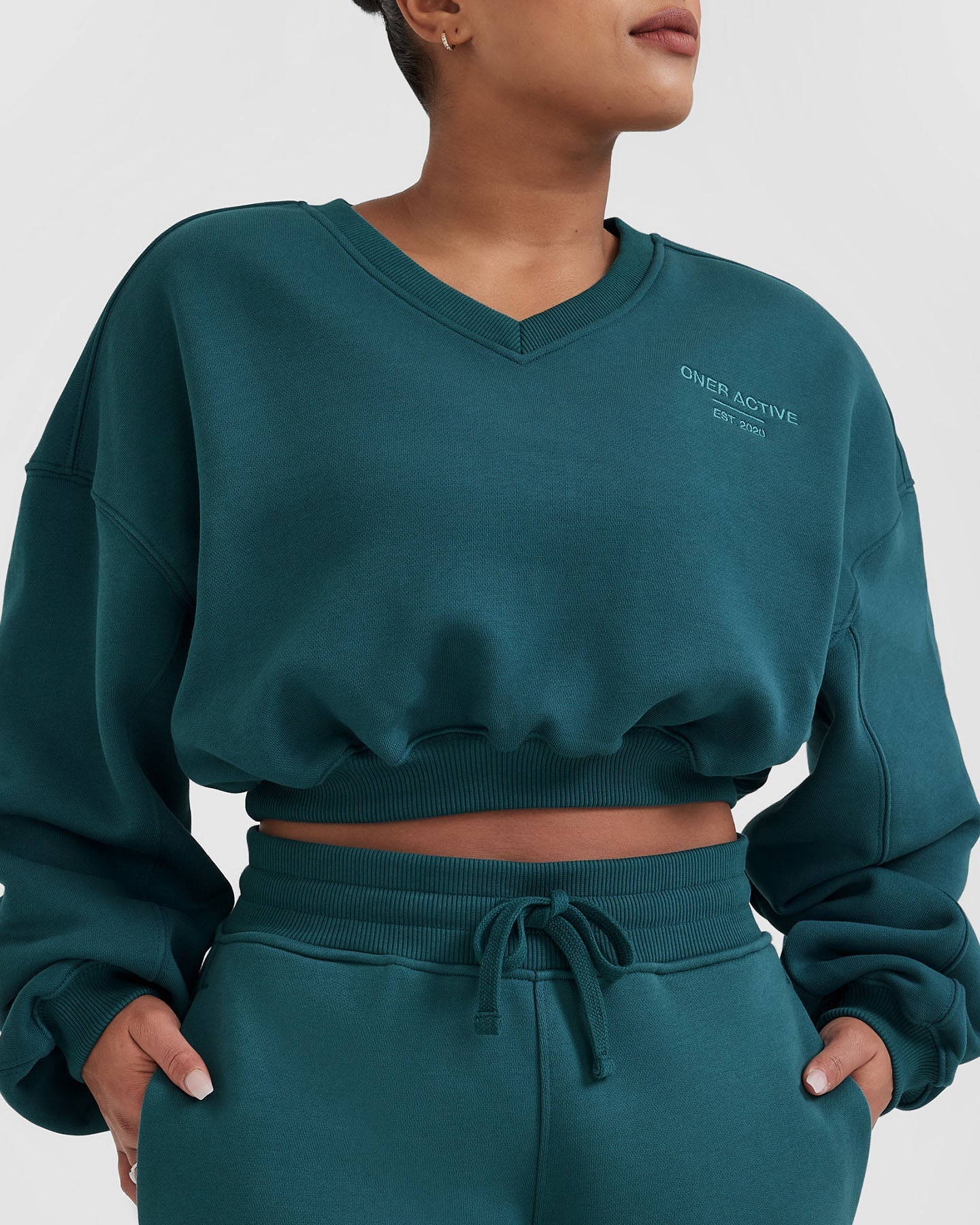 All Day Est 2020 Crop V Neck Sweatshirt | Marine Teal - Image 4