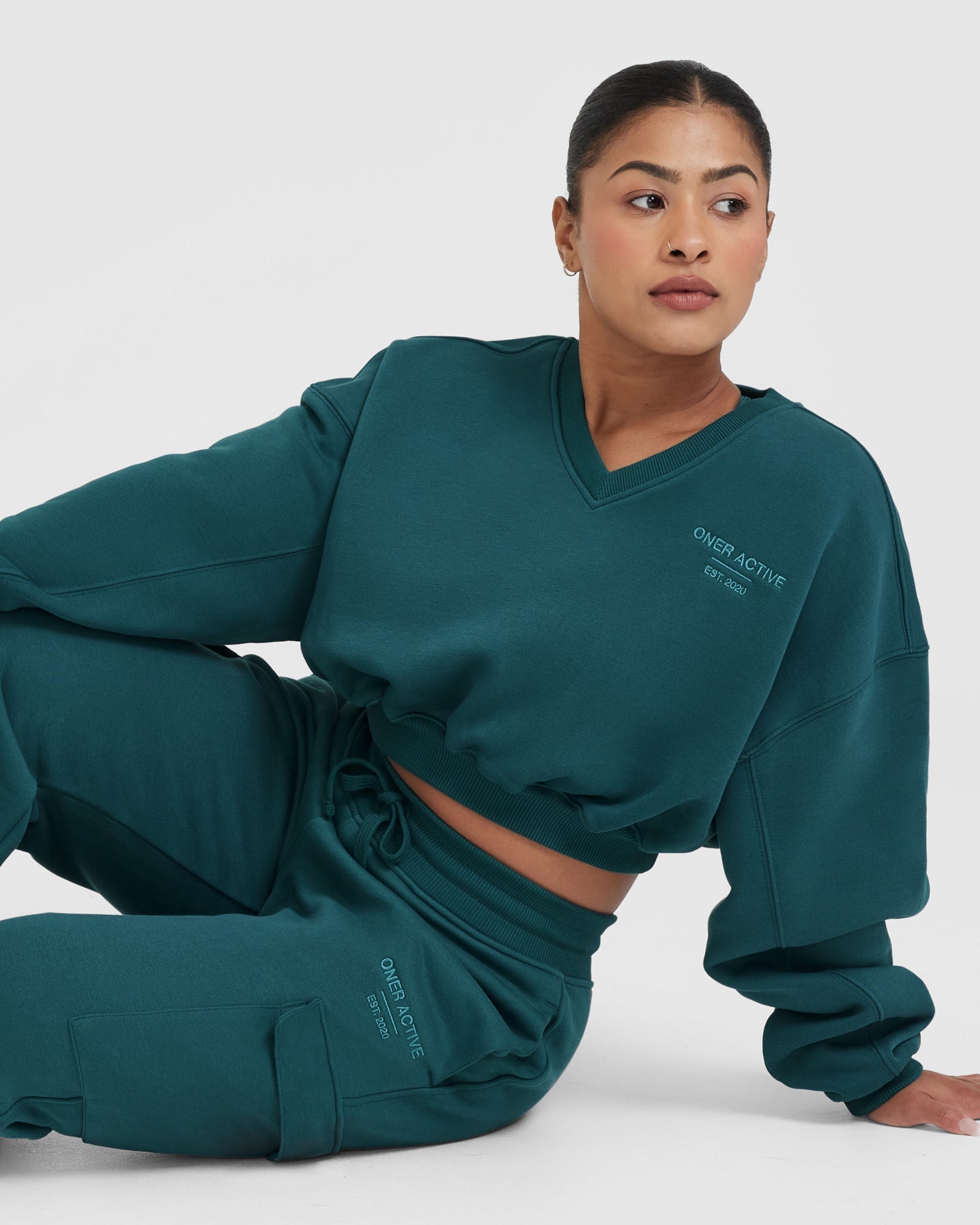 All Day Est 2020 Crop V Neck Sweatshirt | Marine Teal - Image 5