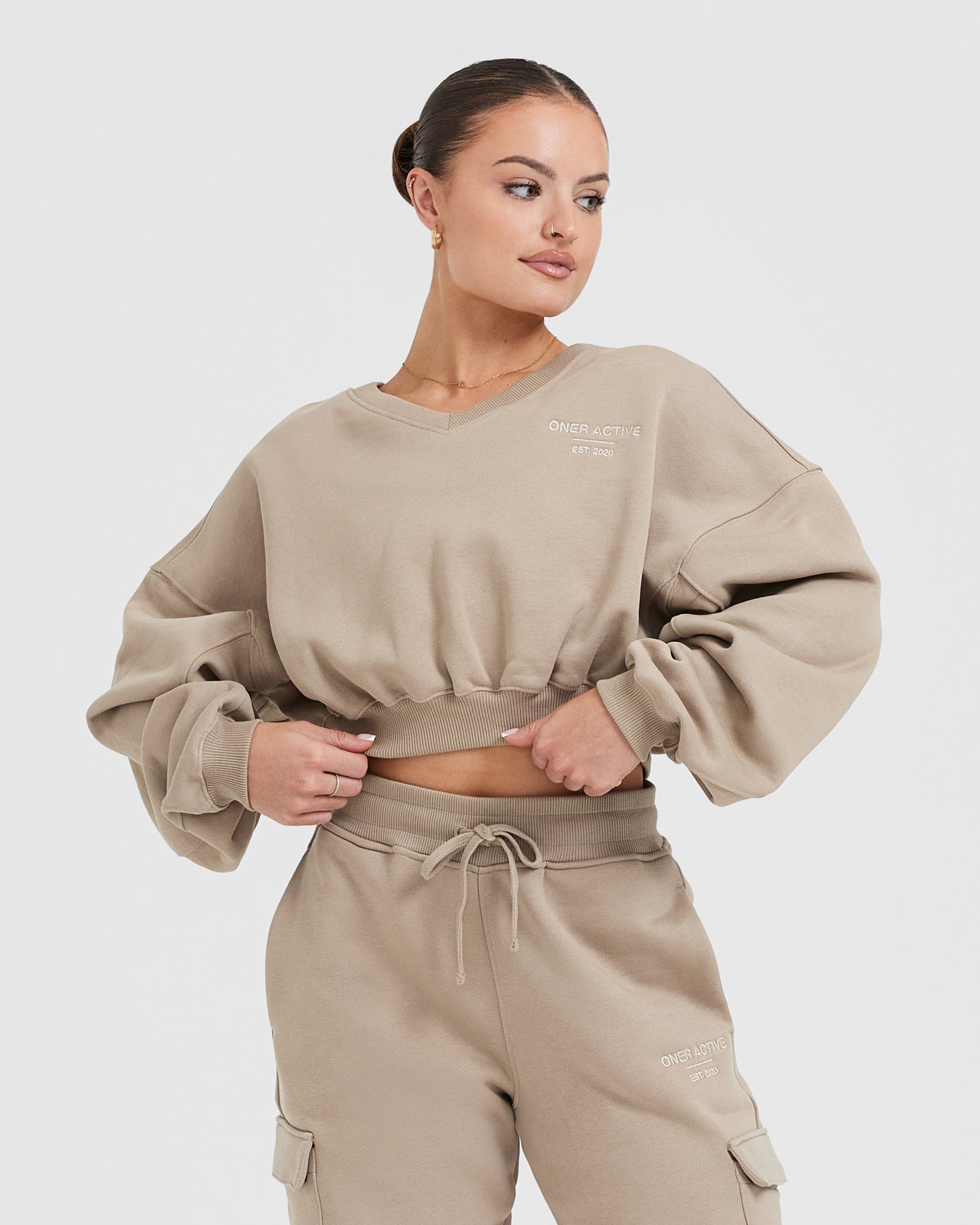 All Day Est 2020 Crop V Neck Sweatshirt | Sandstone
