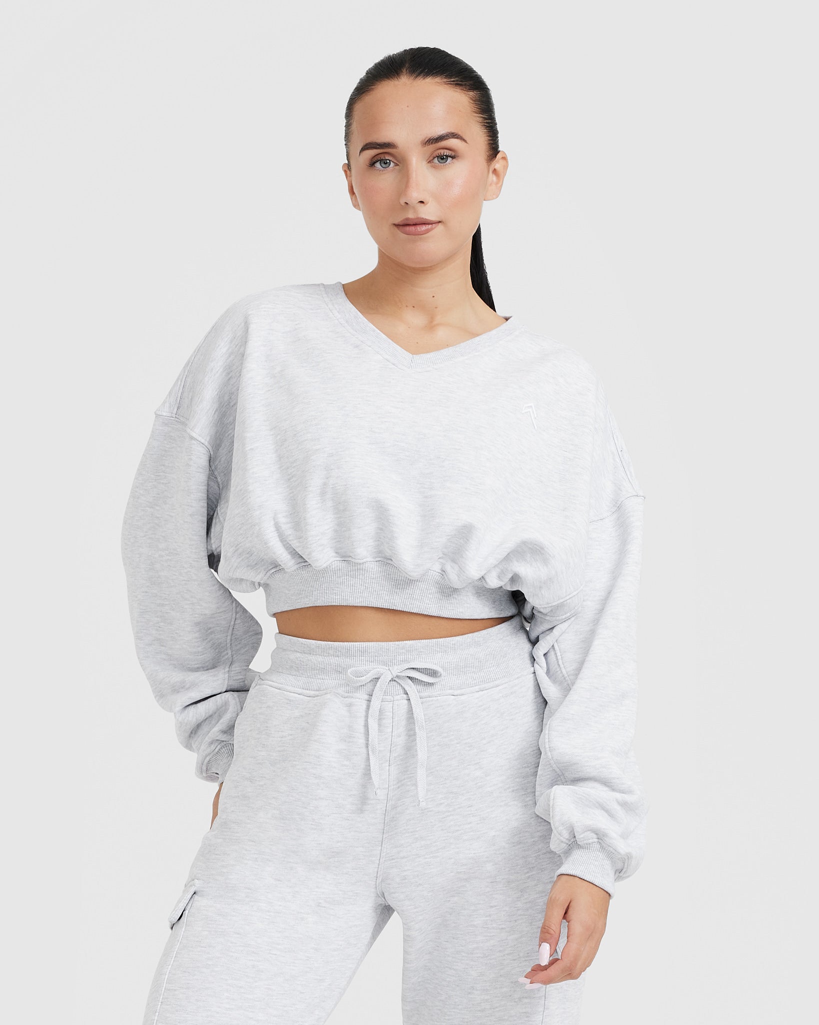 All Day Lightweight Oversized V Neck Sweatshirt | Light Grey Marl