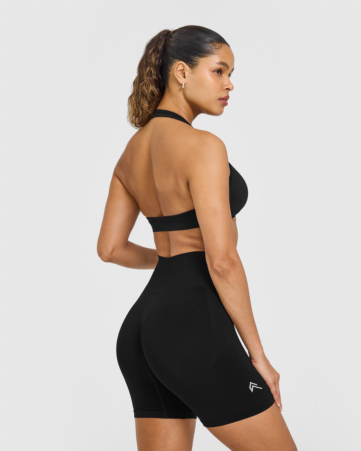 Alternative view of EffortlessLift Seamless Halter Neck Sports Bra with White Logo | Black