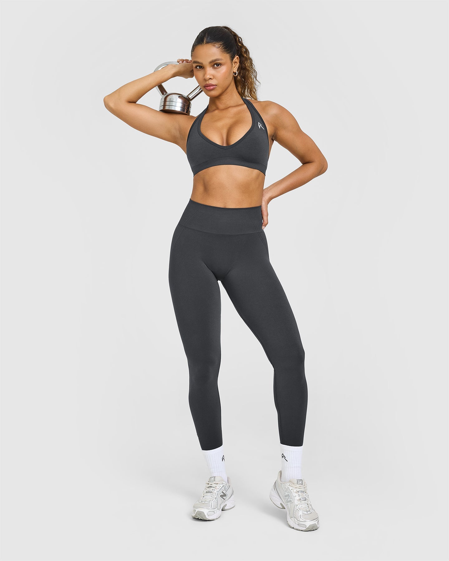 EffortlessLift Seamless Halter Neck Sports Bra with White Logo | Coal - Image 3