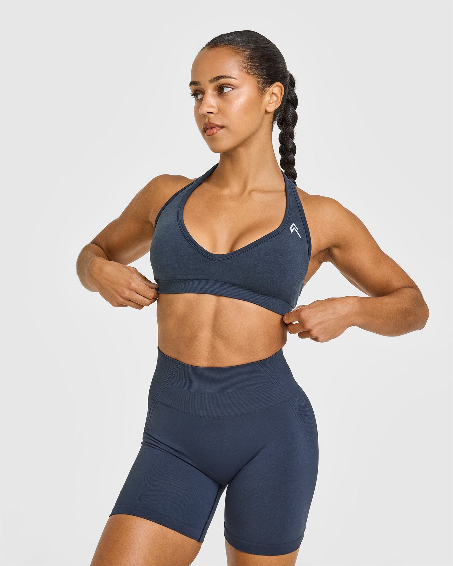EffortlessLift Seamless Halter Neck Sports Bra with White Logo | True Blue