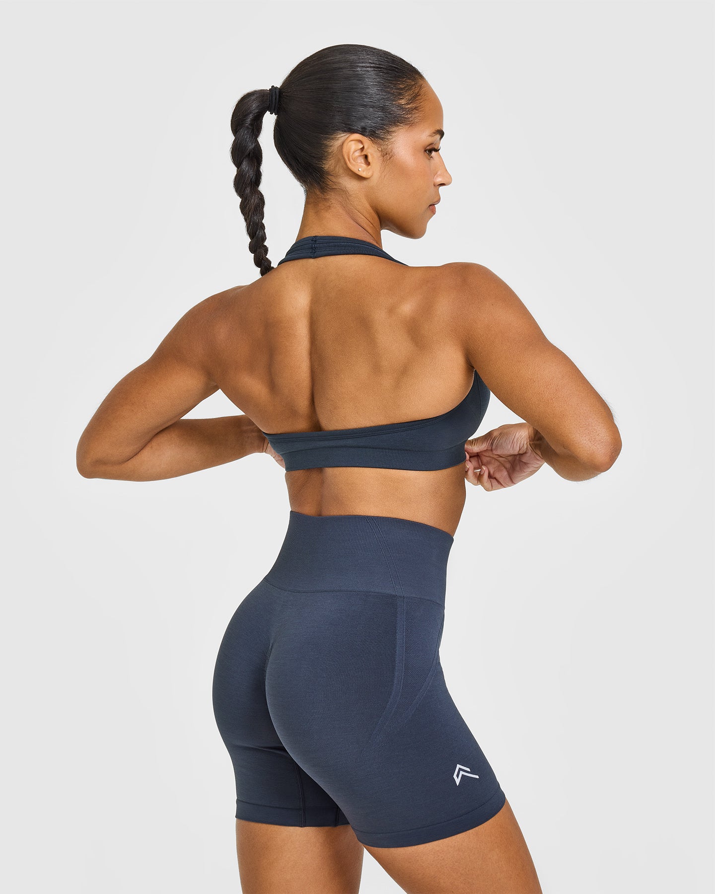 EffortlessLift Seamless Halter Neck Sports Bra with White Logo | True Blue - Image 5