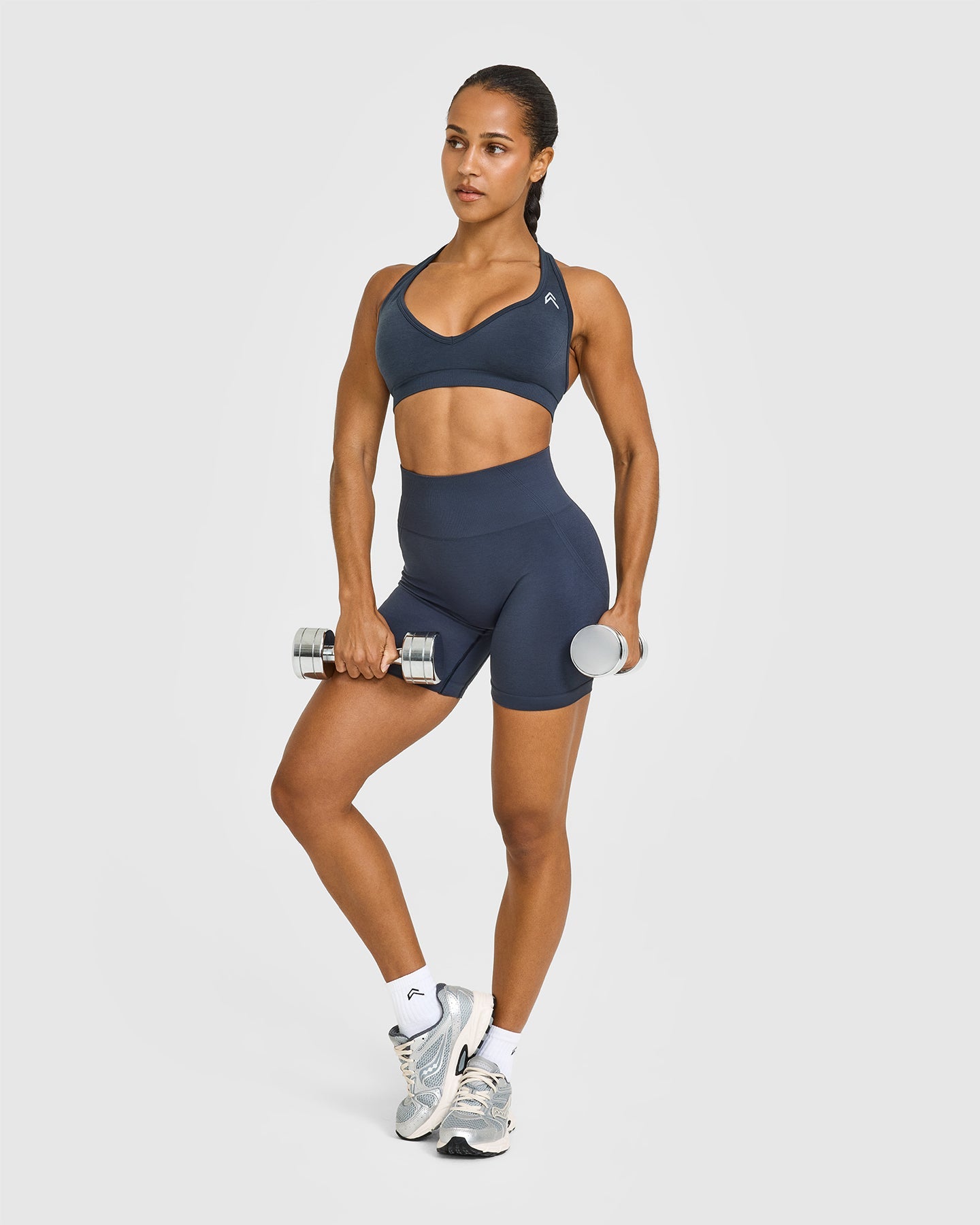 EffortlessLift Seamless Halter Neck Sports Bra with White Logo | True Blue - Image 3