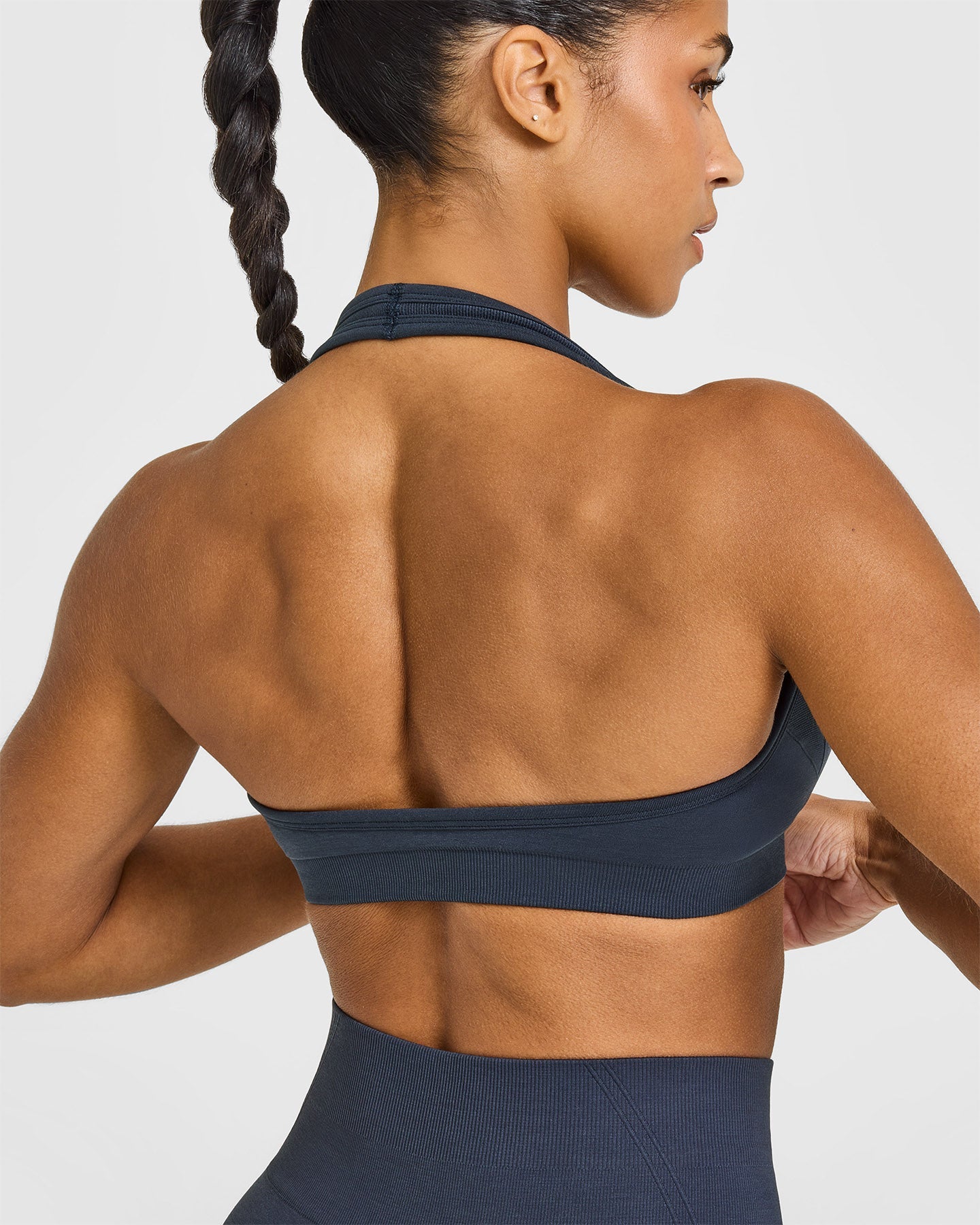 EffortlessLift Seamless Halter Neck Sports Bra with White Logo | True Blue - Image 6