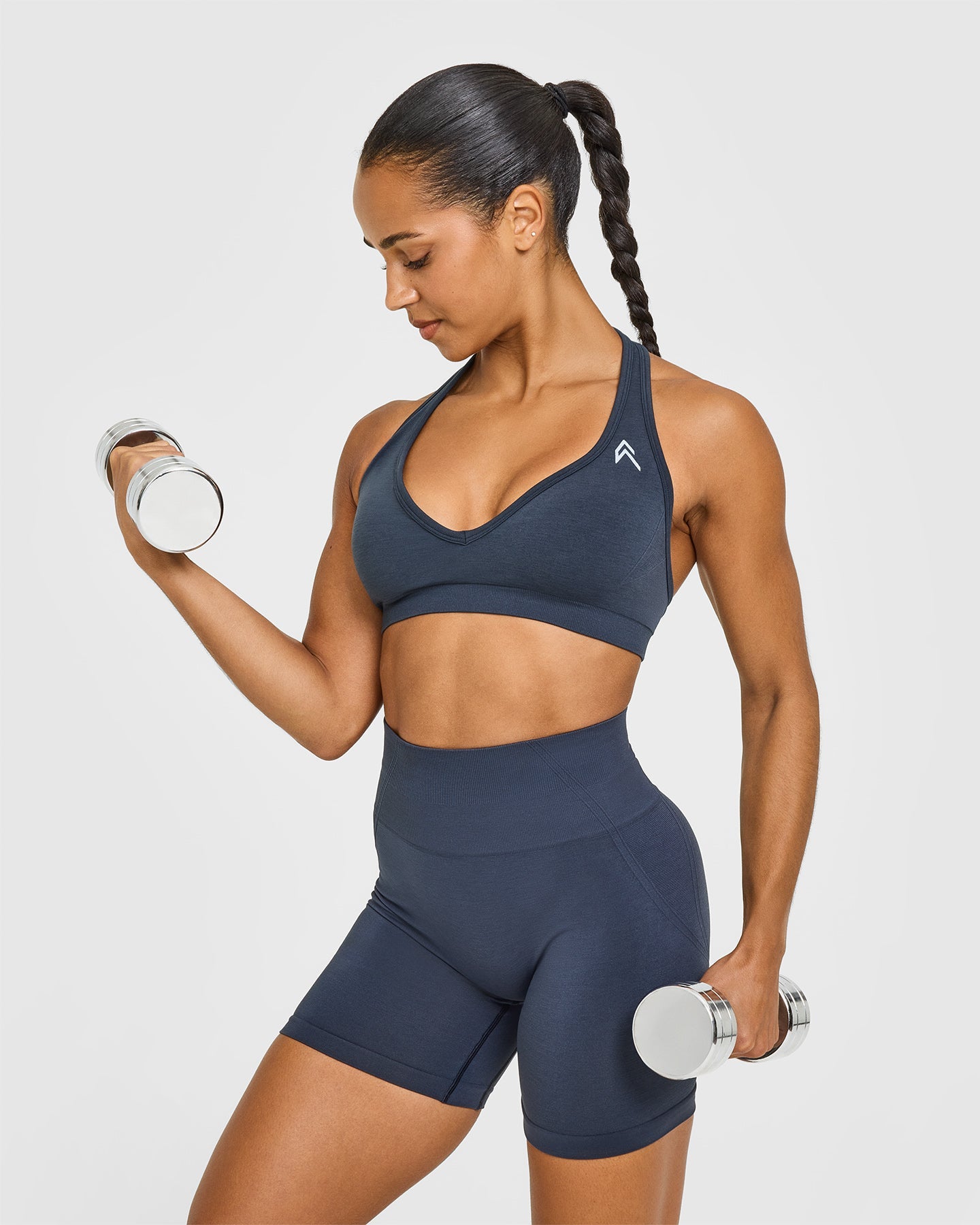 EffortlessLift Seamless Halter Neck Sports Bra with White Logo | True Blue - Image 4