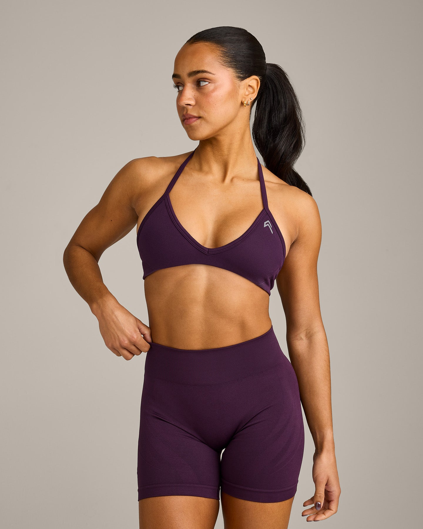 EnhanceLift Seamless Minimal Halter Neck Bralette with Grey Logo | Blackberry Purple