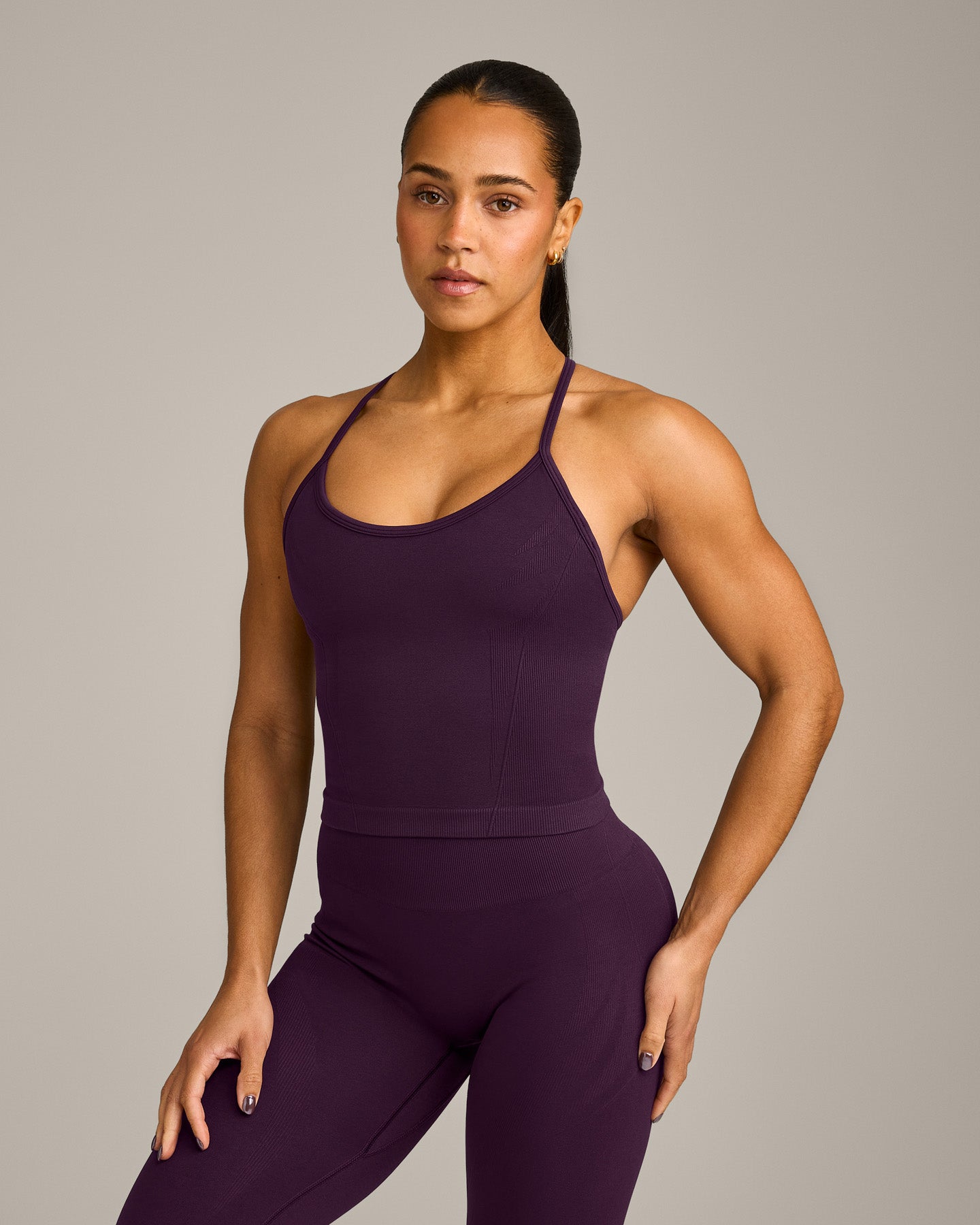 EnhanceLift Seamless Strappy Racer Vest with Built in Bra Shelf with Grey Logo | Blackberry Purple