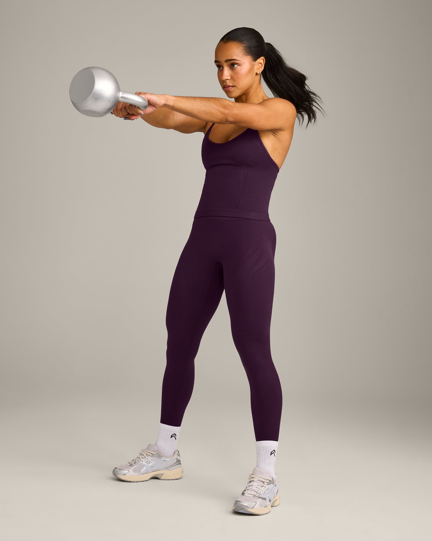 EnhanceLift Seamless Strappy Racer Vest with Built in Bra Shelf with Grey Logo | Blackberry Purple - Image 3