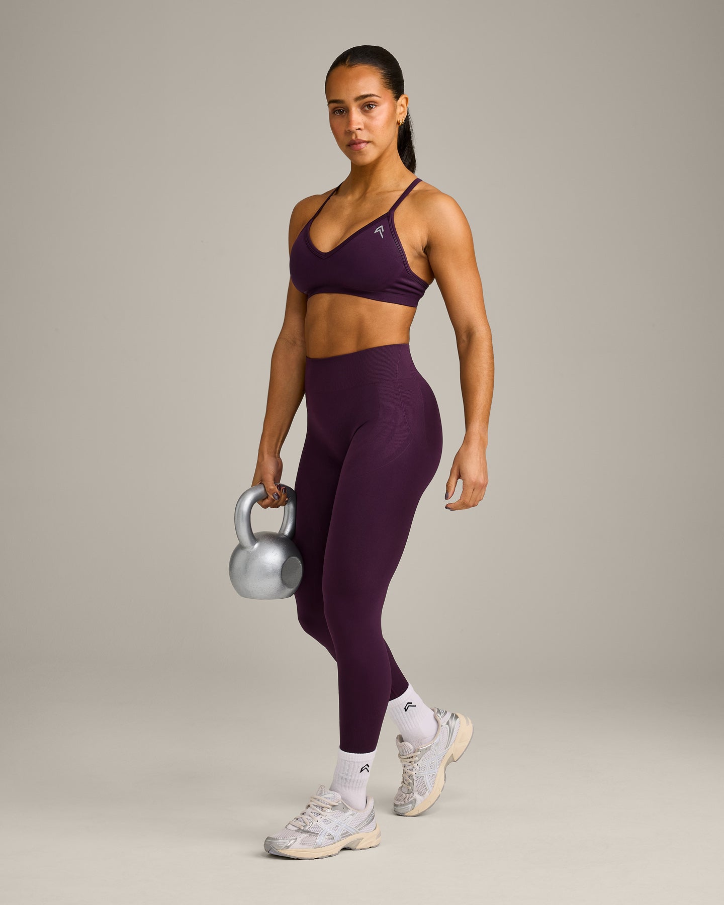 EnhanceLift Seamless Strappy Sports Bra with Grey Logo | Blackberry Purple - Image 3