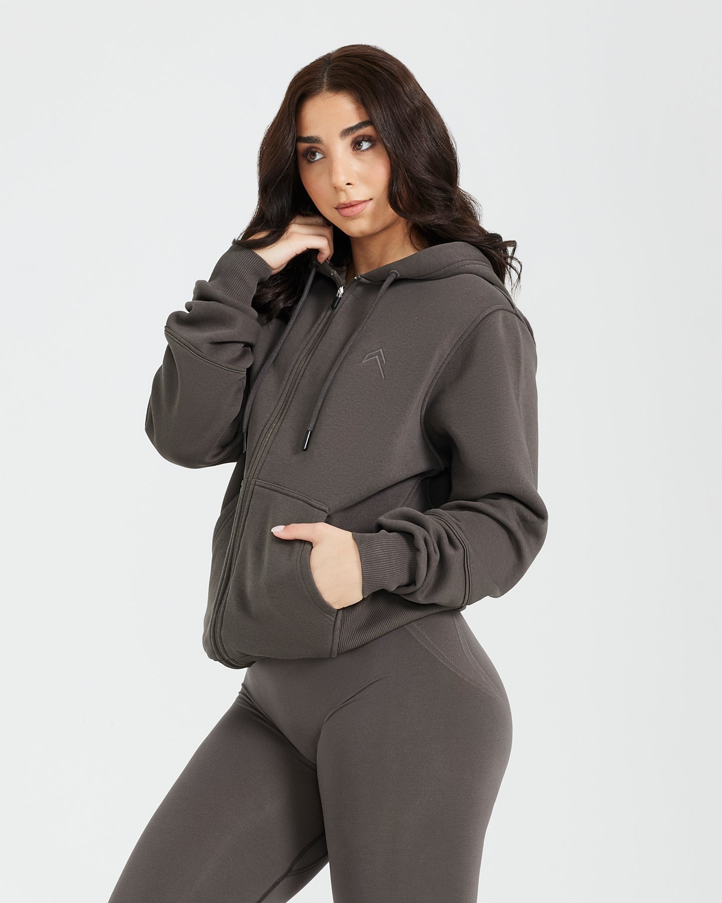 Classic Lounge Oversized Zip Through Hoodie | Deep Taupe - Image 3
