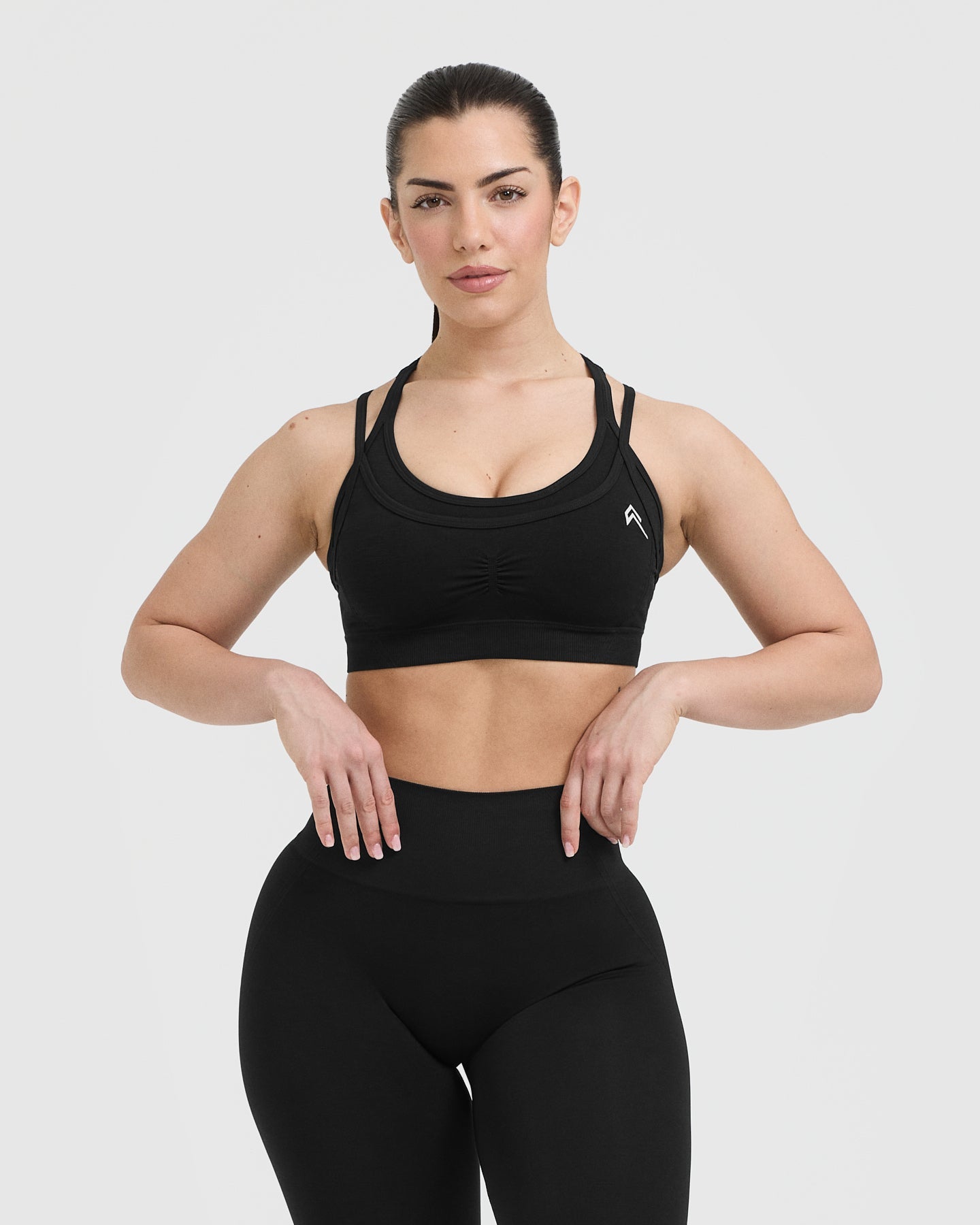 EffortlessLift Seamless Layered Sports Bra with White Logo | Black