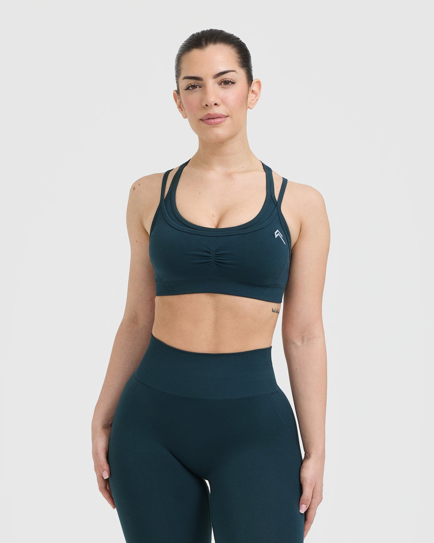 EffortlessLift Seamless Layered Sports Bra with White Logo | Oil Blue