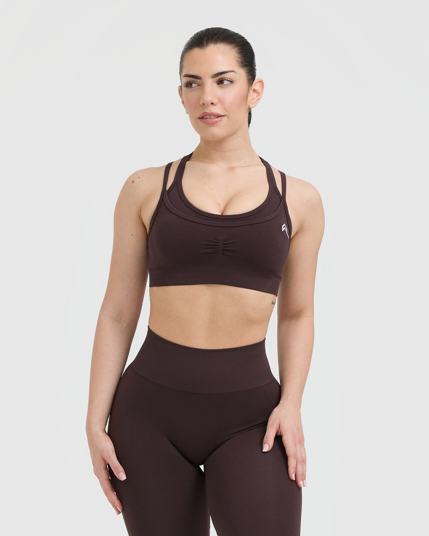 EffortlessLift Seamless Layered Sports Bra with White Logo | Plum Brown