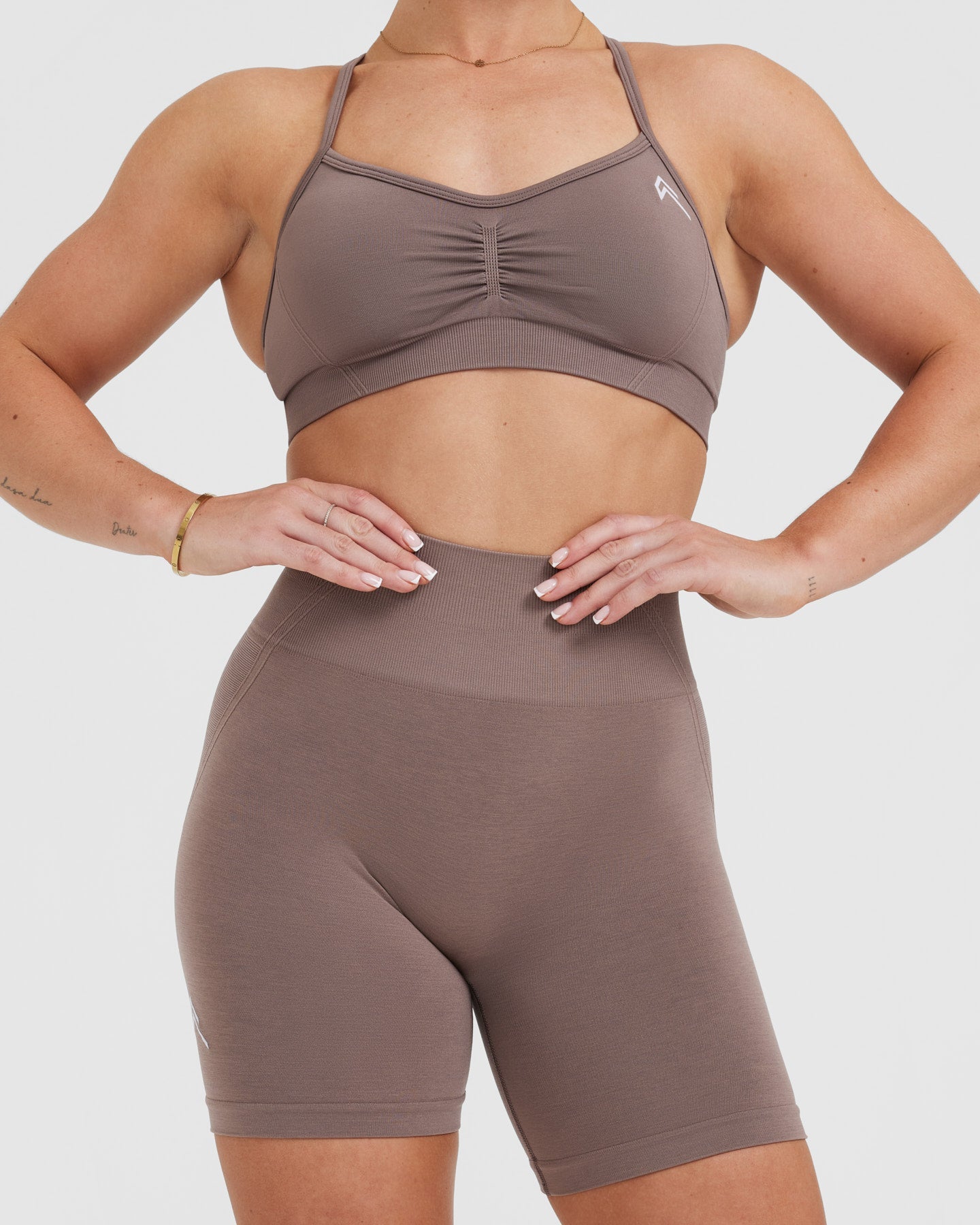 EffortlessLift Seamless Shorts with White Logo | Washed Cool Brown - Image 4