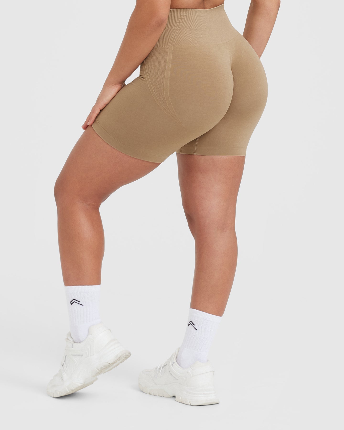 EffortlessLift Seamless Shorts with White Logo | Dune Brown - Image 2