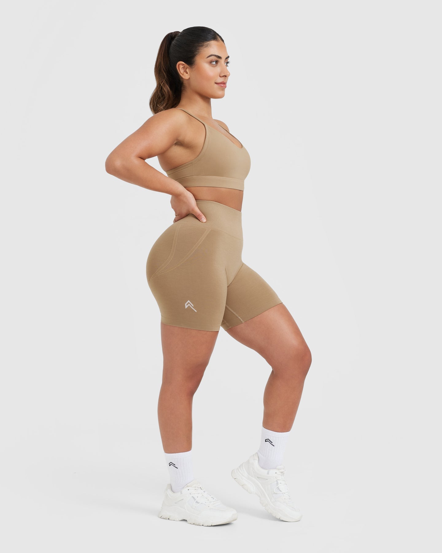 EffortlessLift Seamless Shorts with White Logo | Dune Brown - Image 3