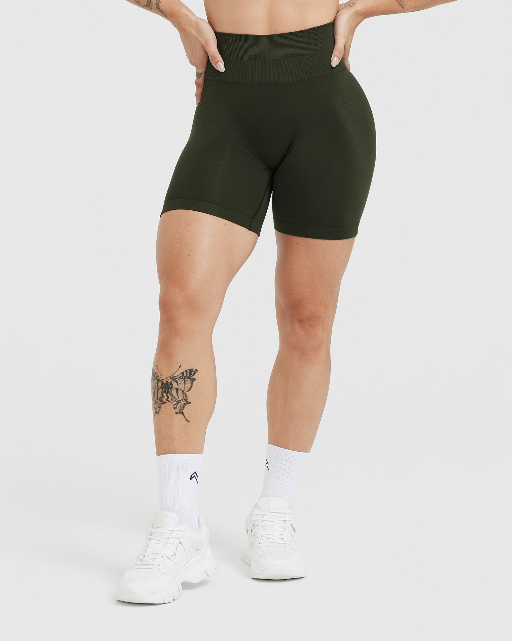 EffortlessLift Seamless Shorts with White Logo | Khaki